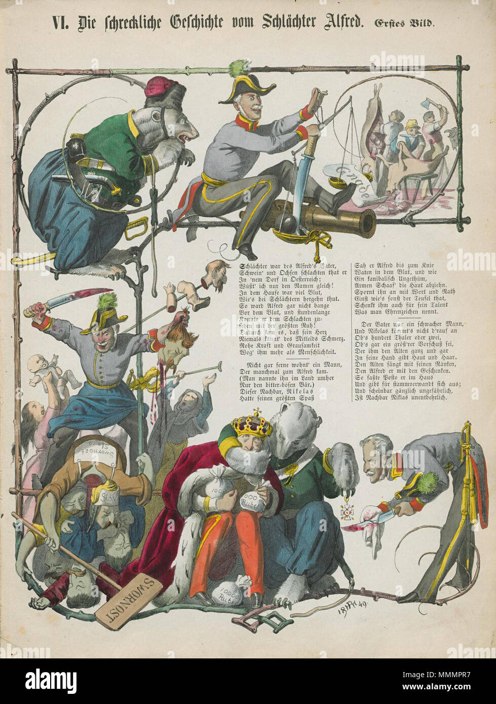 . Deutsch: Die schreckliche Geschichte vom Schlächter Alfred in Der Politische Struwwelpeter . 1849. Henry Ritter (1816-1853) nomi alternativi Heinrich Ritter; h. ritter; henry ritter; Heinrich Ritter, Henri ritter Descrizione German-Canadian pittore illustratore Data di nascita e morte 24 Maggio 1816 21 dicembre 1853 Luogo di nascita e morte di Montreal Autorità di Düsseldorf controllo : Q5727559 VIAF:?5309486 ULAN:?500031092 LCCN:?n88625863 GND:?116571845 RKD:?67171 WorldCat Henry Ritter - Die schreckliche Geschichte vom Schlaechter Alfred 1 Foto Stock