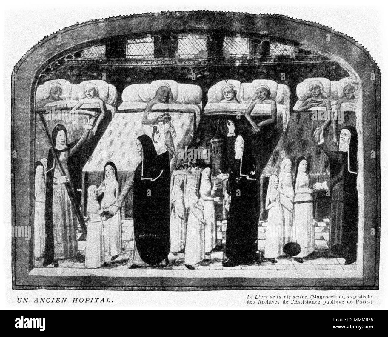 . Français : Ancien hopital. Livre de la vie active (Manuscrit du XVI siècle des archives de l' Assistance Publique de Paris in: Galtier-Boissière (org.). Larousse Illustré medica, Parigi, 1912 (p. 507) Português: Antigo ospedale. Livro da vida (manuscrito do século XVI dos Arquivos da Assistência Pública de Paris, em:. Galtier-Boissiere (org.). Larousse Illustré medica, Parigi, 1912 (p. 507) . Il 15 ottobre 2011. Galtier-Boissière (org.). Larousse Illustré medica, Parigi, 1912 43 Ancien-Hopital Foto Stock