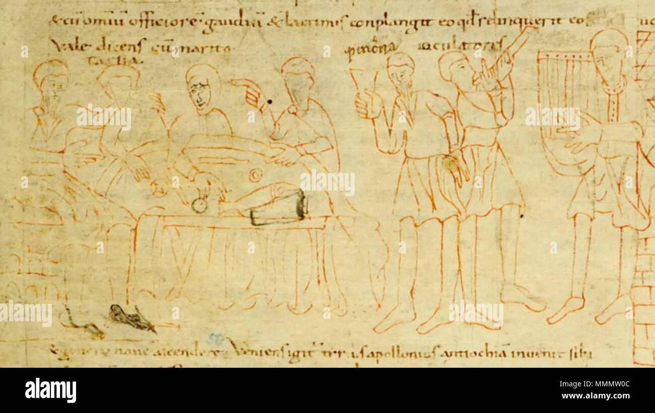 . Inglese: Illustrazione sul manoscritto medievale pagina (Werden, ca. 1000) da Historia Apollonii regis Tyri. Vedere: Apollonio pictus. Egy illusztrált, késő antik regény 1000 körül. / Un illustrato, tardo romanticismo antichi intorno al 1000. Ed. Anna Boreczky e András Németh. Budapest, Széchényi Biblioteca Nazionale, 2011. . Il 2 aprile 2015. 53 sconosciuto Apollonio pictus 1 Foto Stock