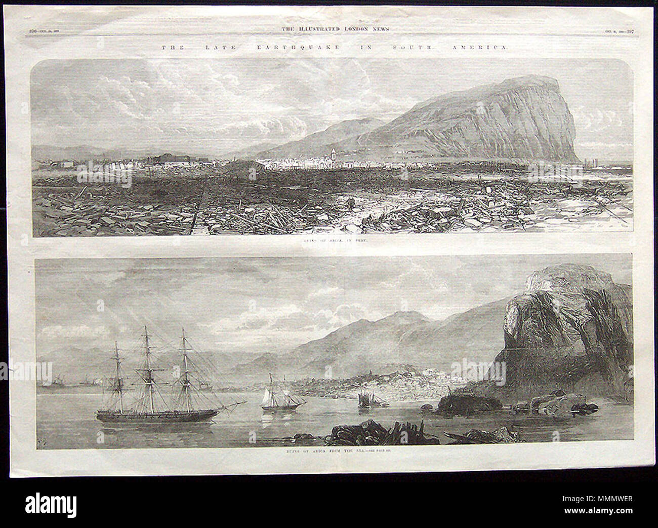 . Terremoto in Perù a Arica 1868. Il Illustrated London News America del Sud - Perù " Il tardivo Terremoto in Sud America: Rovine di Arica, in Perù e rovine di Arica dal mare' 24 ottobre 1868. Doppio litho stampa su un unico foglio. Pittorica visualizzazione contemporanea del devastante terremoto. . 1868. L'illustrato London News 55 Arica Perù 1868 Foto Stock