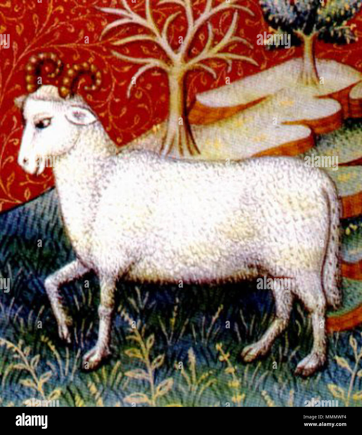 . Aries il simbolo . Ho eseguito la scansione di questa immagine da una riproduzione di un (normand?) medieval book di astrologia (XV secolo) Autore Sconosciuto 55 Aries2 Foto Stock