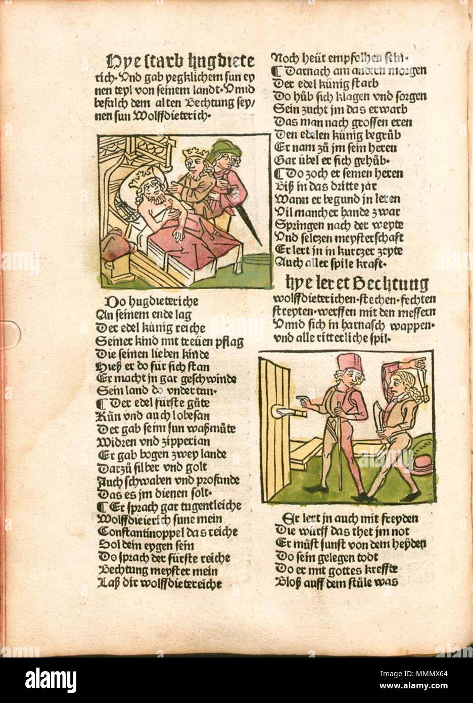. Inglese: Lo Strassburg Heldenbuch stampata da Johann Sch+?nsperger, Augsburg 1491. Folio 49v. Testo: Wolfdietrich. Xilografie:morte di Hugdietrich; Bechtung Wolfdietrich formazione a coltello-gettando Deutsch: Das Strassburger Heldenbuch von ohann Sch+?nsperger, Augsburg 1491. Testo: Wolfdietrich: Holzschnitte: Tod von Hugdieterich; Bechtung unterrichtet Wolfdietrich Messerwerfen im. . 1491. La Bayerische Staatsbibliothek Augsburger Heldenbuch 1491 folio 49v Foto Stock