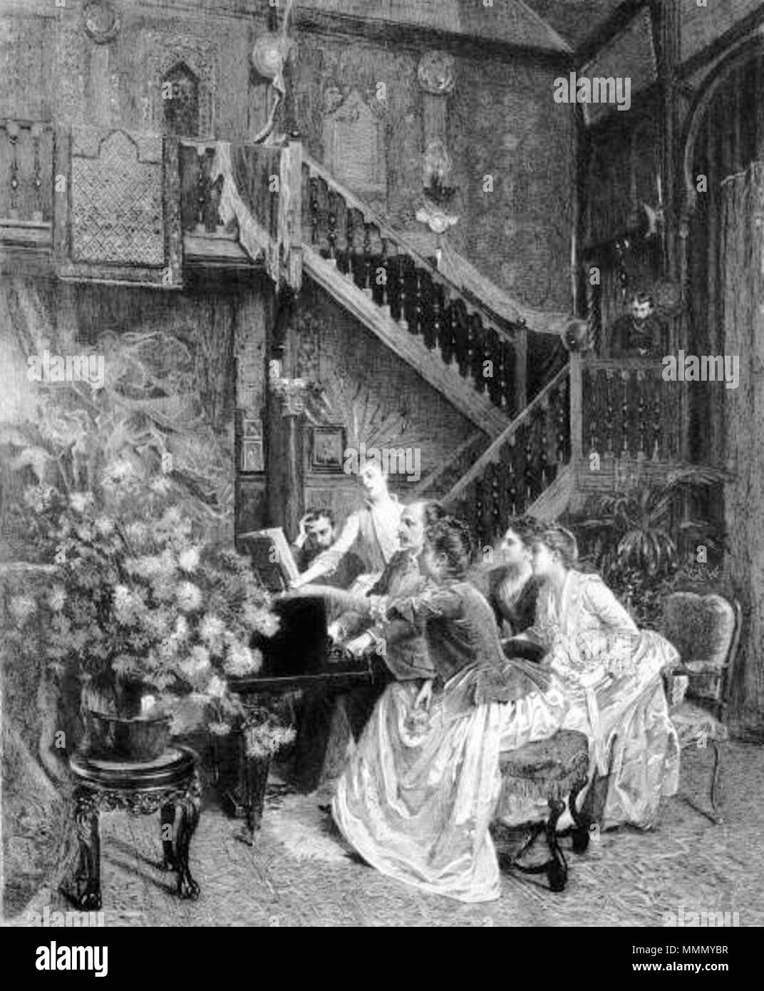 . Inglese: "raccogliere intorno a un cliente' di Charles Baude (1853-1935) dopo Albert Aublet (1851-1938). La stampa mostra Jules Massenet ripassando Manon con American soprano Sibyl Sanderson in Pierre Loti la Drawing Room (Pierre Loti sembra essere indicato sia dal pianoforte o su per le scale). Il dipinto originale è stato mostrato al salone 1888. Charles Baude's l'attacco illustrato la copertina della rivista Le Théâtre nel luglio 1889. Français : " autour d'une partizione " par Charles Baude (1853-1935) d'après Albert Aublet (1851-1938). La scène se passe dans le salon de Pierre Loti lors d'une répétition de M Foto Stock