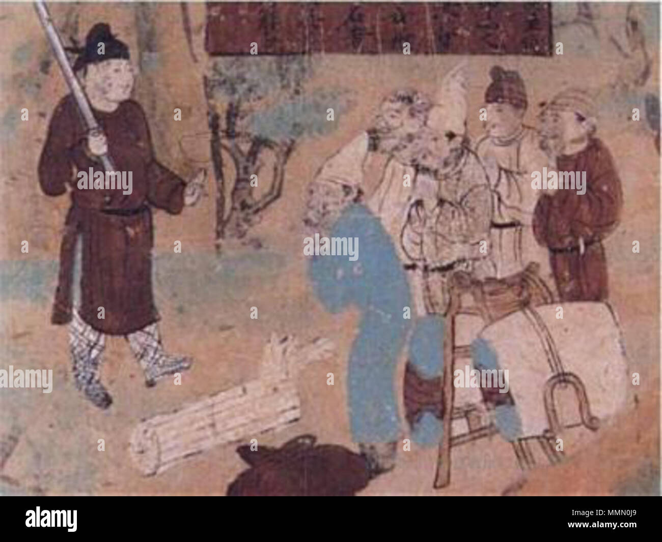 . Un segmento di un affresco su una parete in Dunhuang raffigurante un gruppo di mercanti di essere derubati da banditi. . Ix secolo. 71 sconosciuto Bandit attack Foto Stock