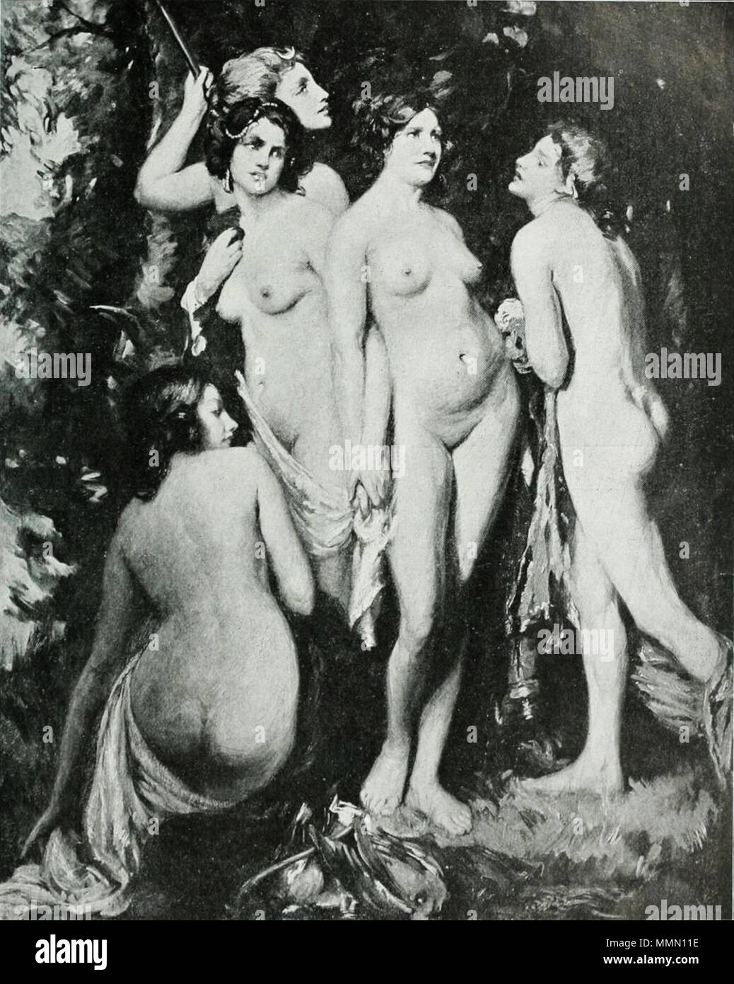 . Inglese: Diana protetto dalle sue ninfe quando disturbato da Atteone durante la balneazione . circa 1911. Isobel Lilian Gloag - Diana protetto dalle sue ninfe quando disturbato da Atteone durante il bagno - I. L. Gloag Foto Stock