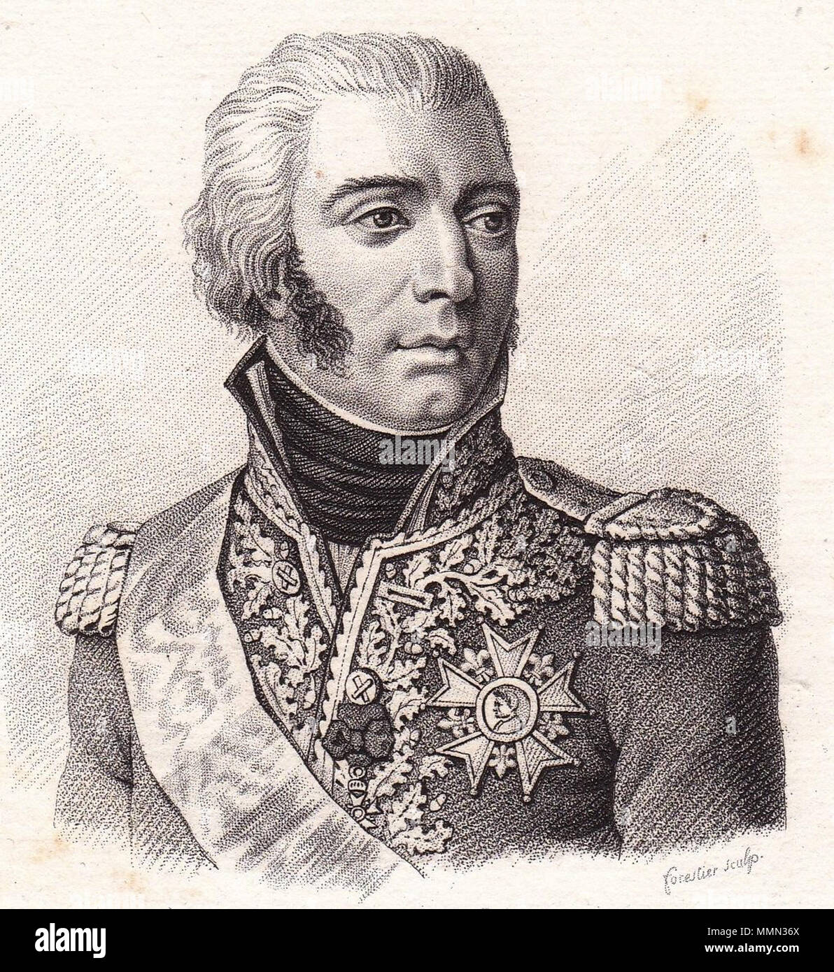 . Deutsch: Jean Baptiste Bessières (1768-1818), Herzog von Istrien, Marschall von Frankreich Français : Jean-Baptiste Bessières, duc d'Istrie, né le 6 août 1768 à Prayssac dans le Lot en Quercy et mort au combattere le 1er mai 1813 à Weißenfels), est onu maréchal d'Impero. Ritratto lithographié exécuté par Forestier en 1821. . 1821. 83 Bessieres Foto Stock