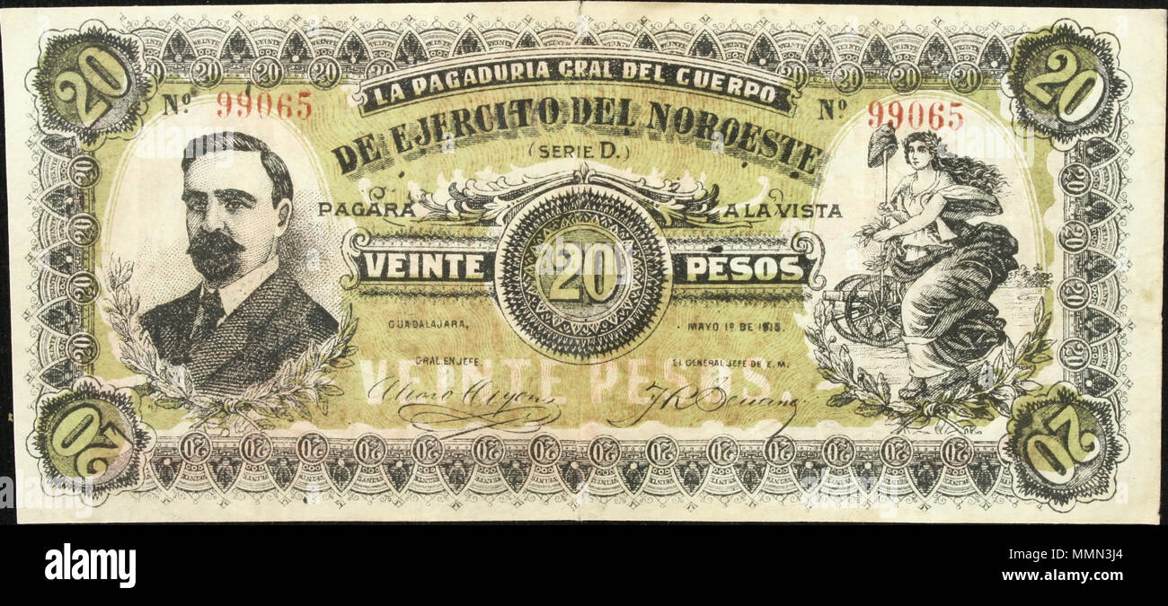 . Dalla collezione di bollette rivoluzionario . 19 maggio 1915. Museo Soumaya 84 Billete del Ejercito del Noroeste Foto Stock