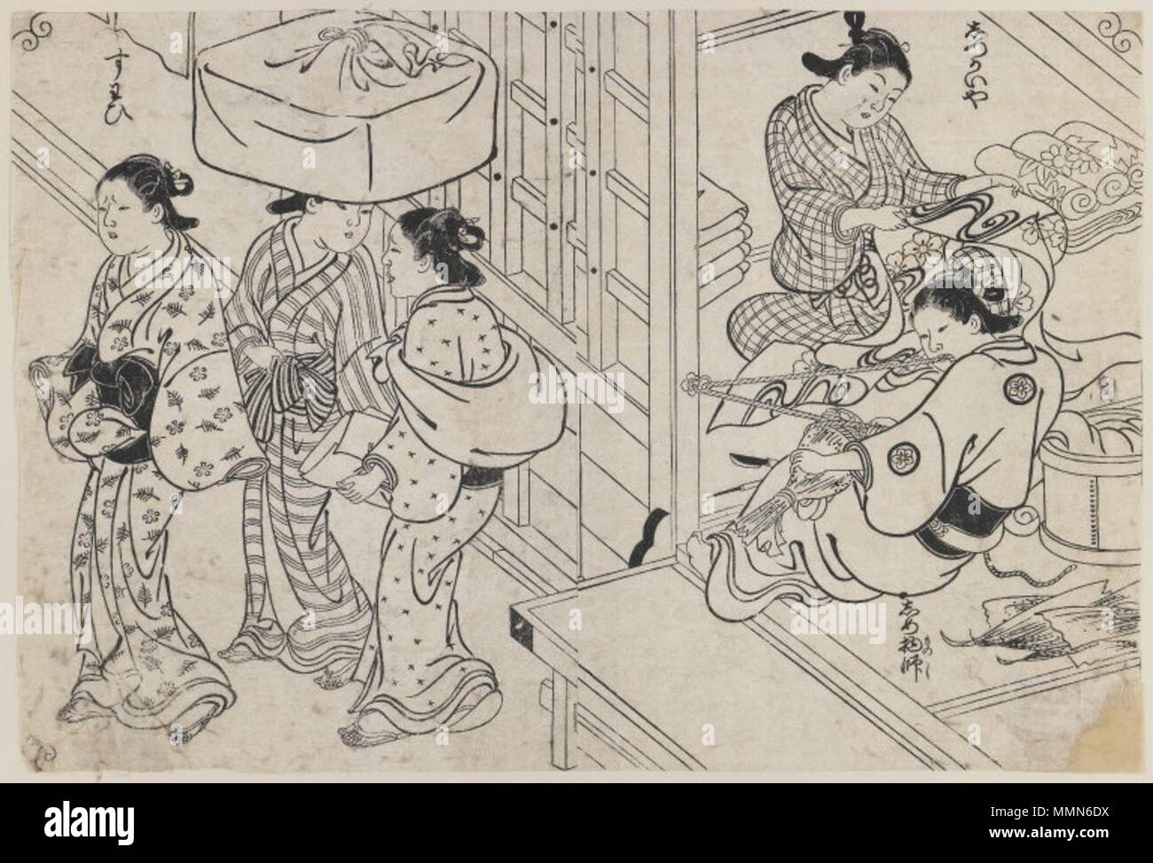 Brocade facendo da donne. Tra il 1726 e il 1740. 99 Brooklyn Museum - Brocade rendendo dalle donne - Nishikawa Sukenobu Foto Stock