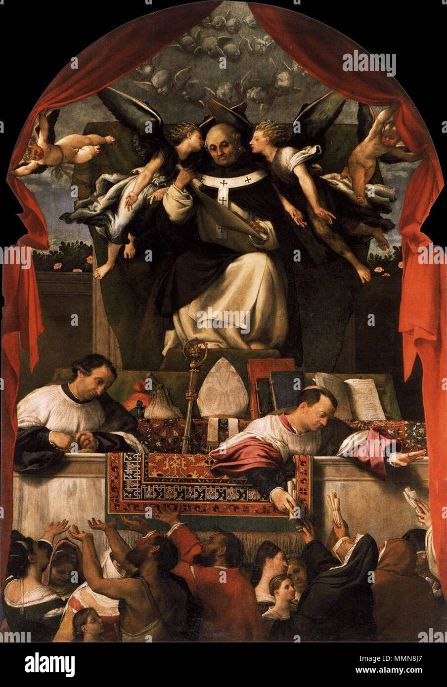 L'Elemosina di San Antonio. 1542. 'L'Elemosina di Sant'Antonio", olio su legno dipinto di Lorenzo Lotto, 1542. Basilica dei Santi Giovanni e Paolo, Venezia Foto Stock