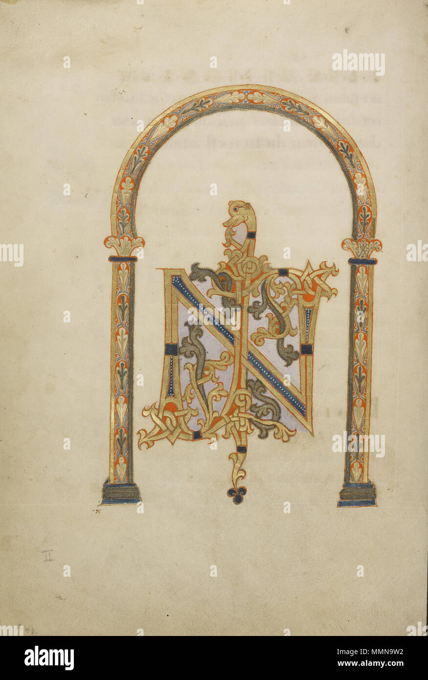 . Inglese: decorate monogramma IN VANGELO Lectionry da Reichenau Germania o di San Gallo in Svizzera; fine del X secolo; tempere, oro vernice, vernice argento e inchiostro su pergamena; la sig.ra 16, fol. 4v decorate monogramma IN; sconosciuta; o Reichenau Germania di San Gallo in Svizzera; fine del X secolo; tempere, oro vernice, vernice argento e inchiostro su pergamena; foglie: 27,8 x 19,2 cm (10 15/16 x 7 9/16 in.); la sig.ra 16, fol. 4v 11090401 decorate monogramma Foto Stock