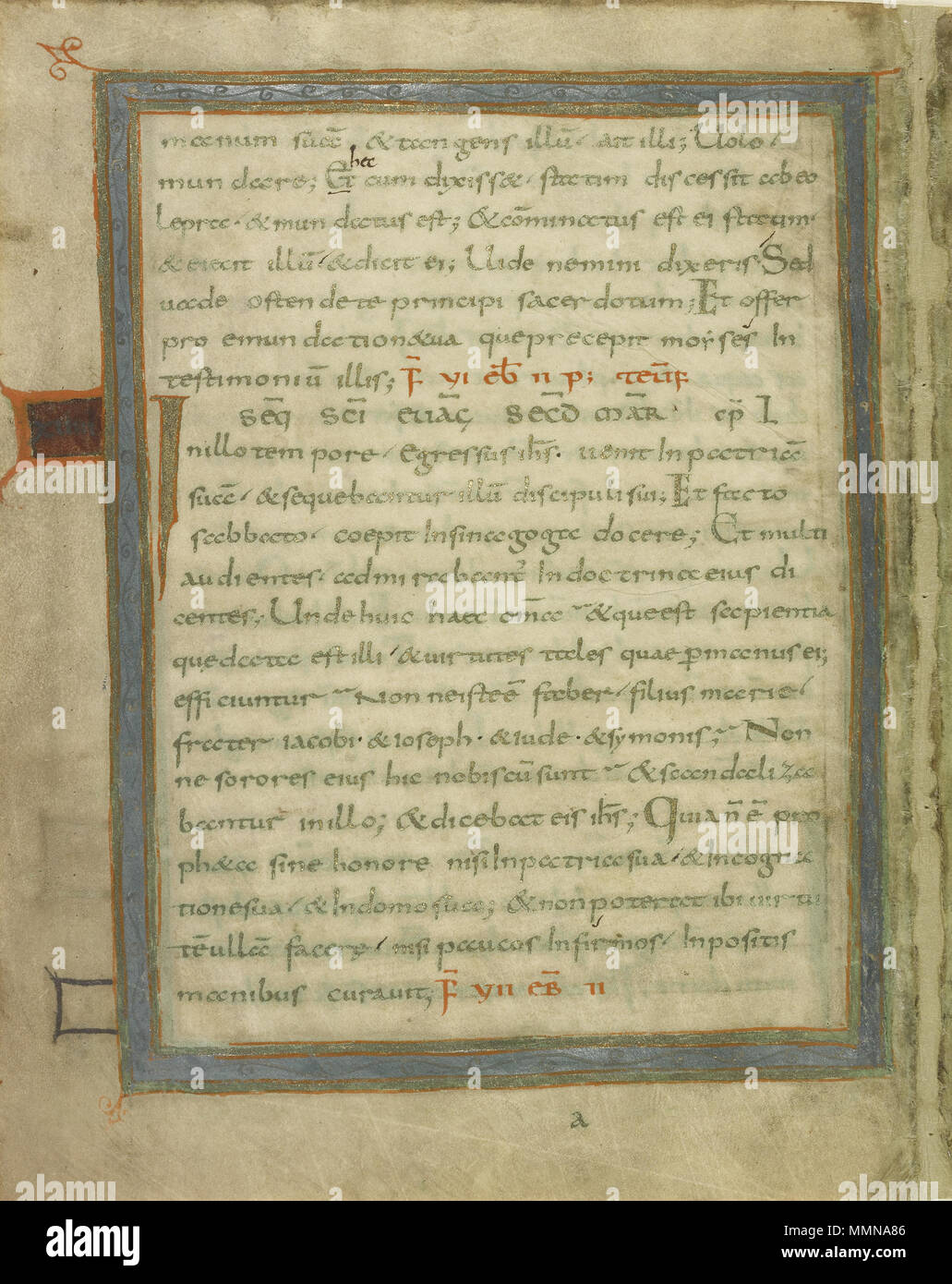 . Inglese: decorato nella pagina di testo nel vangelo carolingio lezionario; Rhein-Meuse; tempera colori e oro e argento vernice su pergamena; la sig.ra Ludwig IV 1, fol. 12 decorato nella pagina di testo; sconosciuta; Rhein-Meuse; inizio del IX secolo; tempera colori e oro e argento vernice su pergamena; foglia: 24,1 x 18,1 cm (9 1/2 x 7 1/8 in.); la sig.ra Ludwig IV 1, fol. 12 13582401 decorata nella pagina di testo Foto Stock