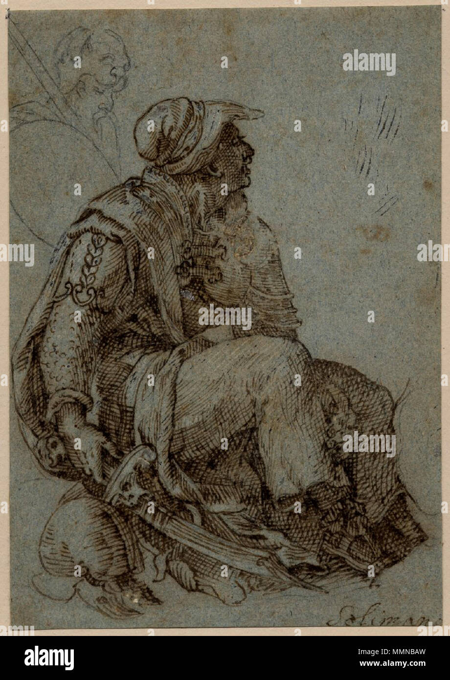 Un seduto soldato orientali; nel profilo a destra, tenendo un scimitar nella sua mano destra un casco sul terreno nelle vicinanze, con un separato lo schizzo di un soldato che indossa un casco in forma di una testa di leone e portante una protezione. circa 1517-1550. Pieter Coeck Van Aelst - insediato un soldato orientale Foto Stock