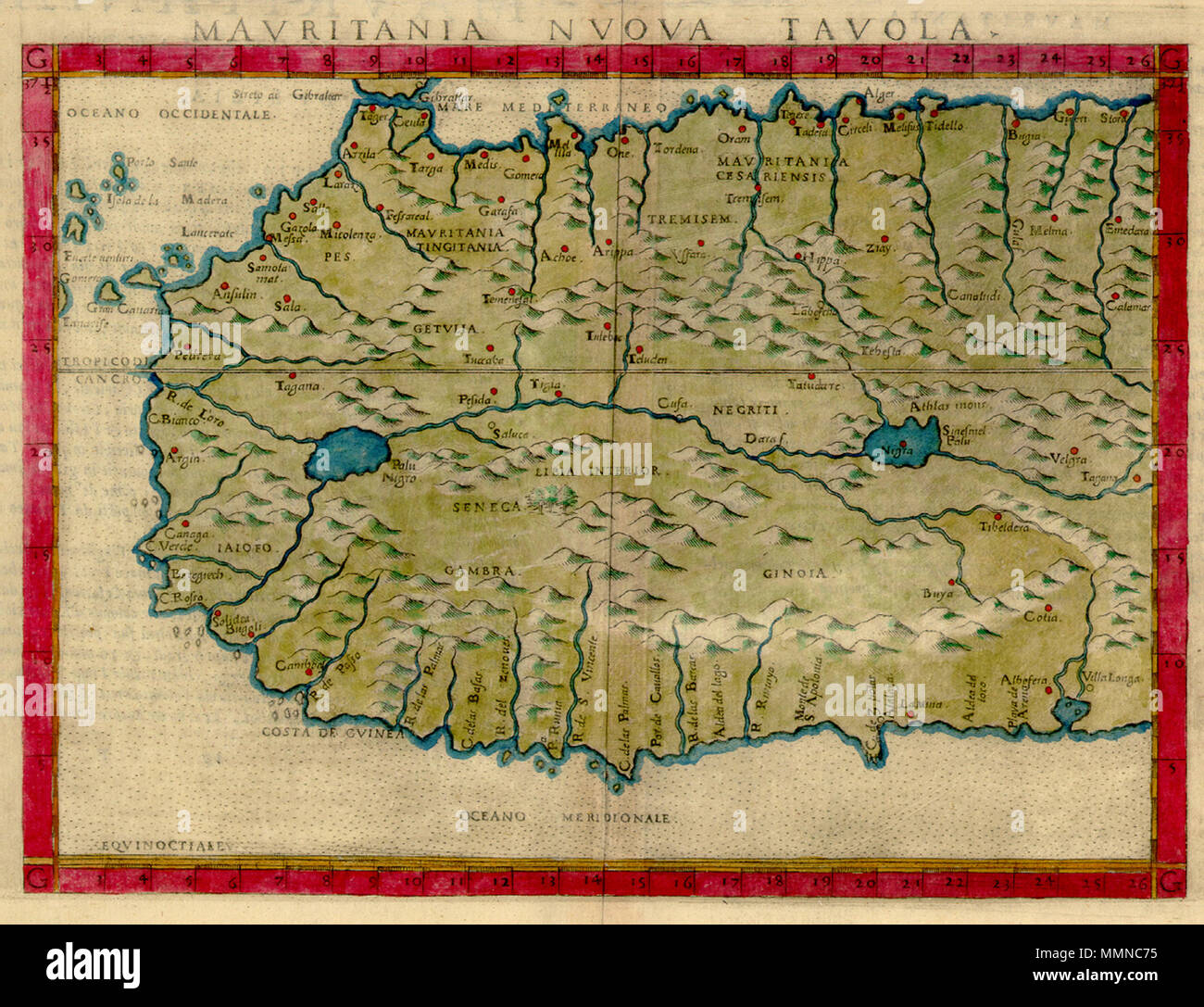 . MAVRITANIA NVOVA TAVOLA, dalla traduzione in italiano di Tolomeo del atlante "La Geograpfia di Claudio Tolomeo Alessandrino, Nouvamente Tradatta di Greco in Italiano". Pubblicato in 1575 in latino e in italiano. 17,5 x 23,9 cm. Sul foglio 22 x 32.1 cm. . 1561 (pubblicata nel 1575). Girolamo Ruscelli (XVI secolo - 1566) nomi alternativi Girolamo Rvscelli, (pseudonimi Alessio Piemontese, Alessio Pedemontanus), ????????? ??????? Descrizione cartografo italiano Data di nascita e morte del XVI secolo 1566 Luogo di nascita e morte Viterbo Venezia periodo di lavoro del XVI secolo sede di lavoro autorità di Venezia con Foto Stock