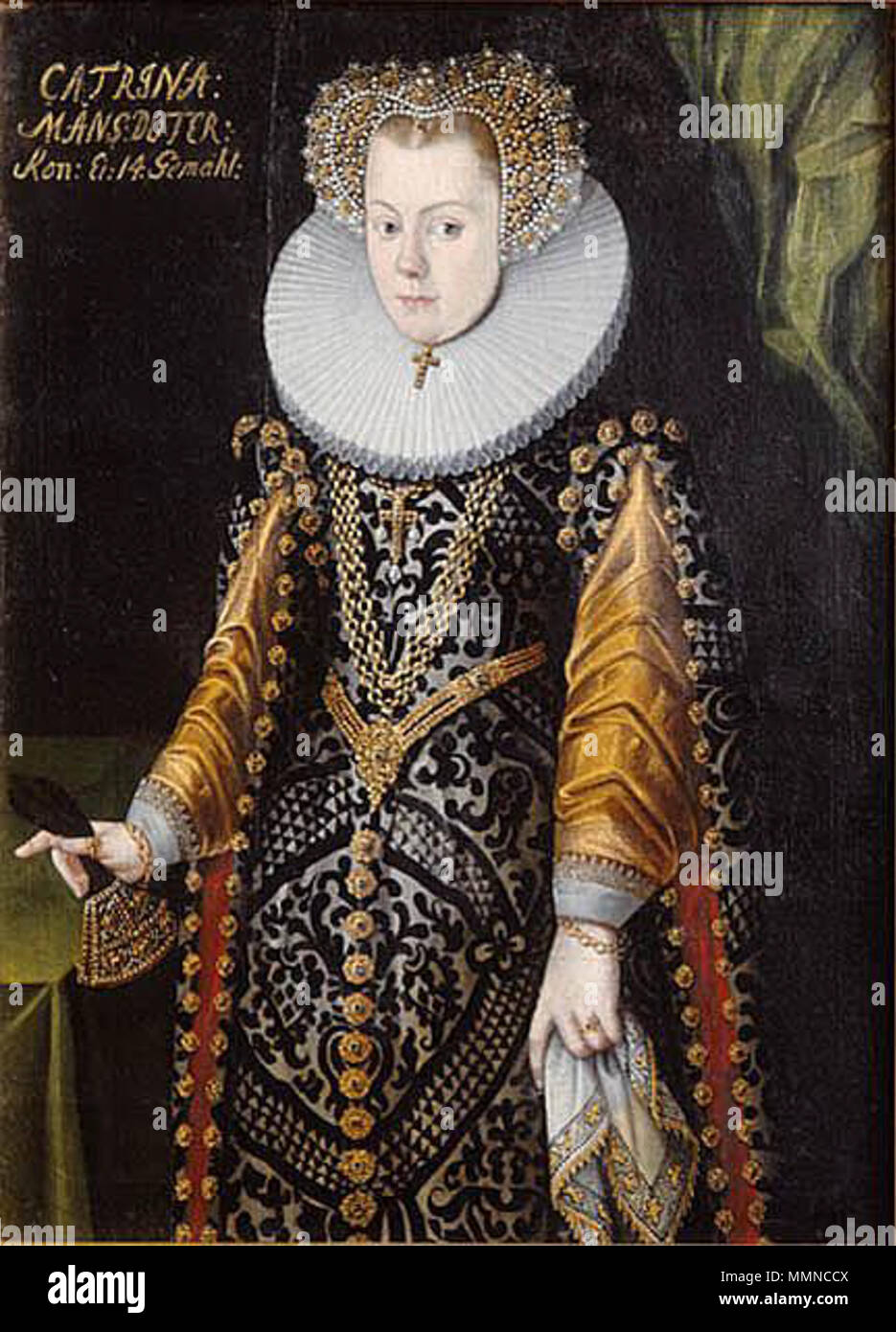 . Questa immagine controversa è stata a lungo considerata di Karin Månsdotter, ma ora, si presume sia della Principessa Elisabetta; il testo sull'immagine è creduto di essere stato aggiunto molto più tardi, quando si sentì il bisogno di un ritratto della regina Karin, ma fu probabilmente dipinto in ca 1580, quando Elisabetta era impegnata. . Circa 1580. Elisabetta di Mecklenburg (1581) c 1581 Foto Stock