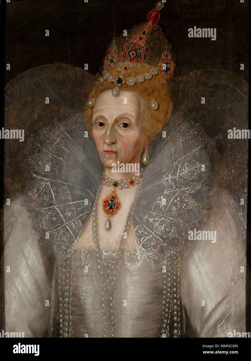 Inglese: un autentico e realistico c.1595 ritratto della regina Elisabetta I da Marcus Gheeraerts il Giovane (c.1561/62-1636).[2][3] . circa 1595. Elizabeth I ritratto, Marcus Gheeraerts il giovane c.1595 Foto Stock