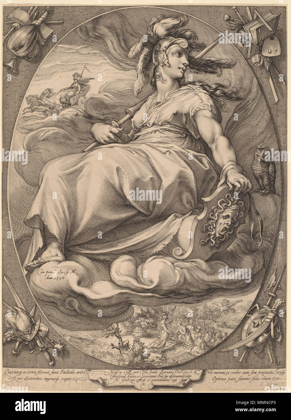 Jan Pietersz Saenredam, dopo Hendrik Goltzius (Olandese, 1565 - 1607 ), Pallas (Minerva), 1596, incisioni su carta vergata, dono di Ruth Cole Kainen Goltzius Minerva Foto Stock