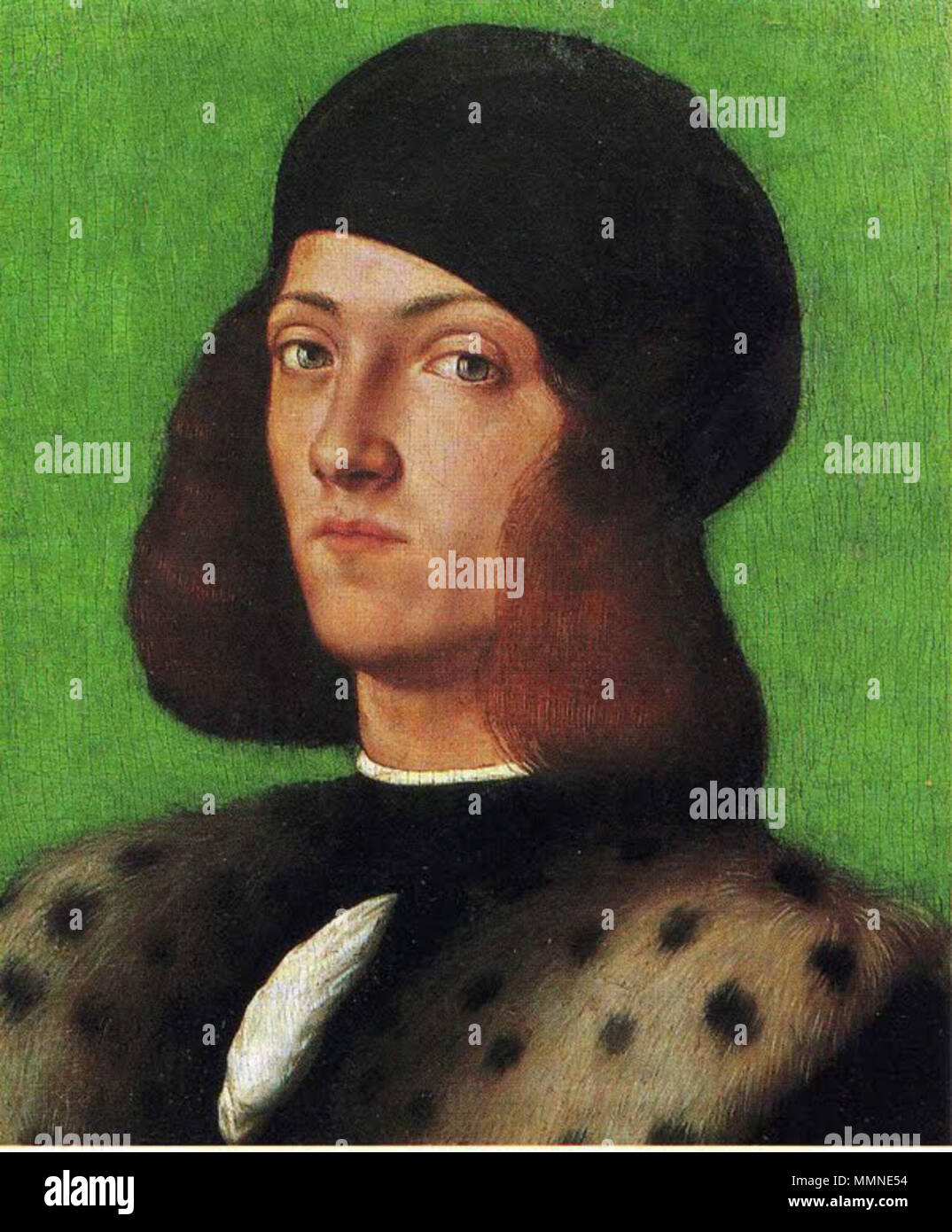 Inglese: Man in Black cap Français : Ritratto d'onu jeune homme au cofano noir italiano: Ritratto di un giovane uomo con un cappellino nero . prima metà del XVI secolo. Previtali-ritratto-bemberg Foto Stock