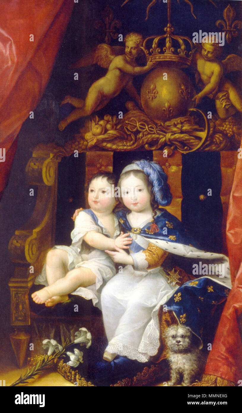 Un giovane re Luigi XIV di Francia (indossando Fleur de Lis) seduta su un trono con suo fratello Philippe, Duca di Orléans Foto Stock
