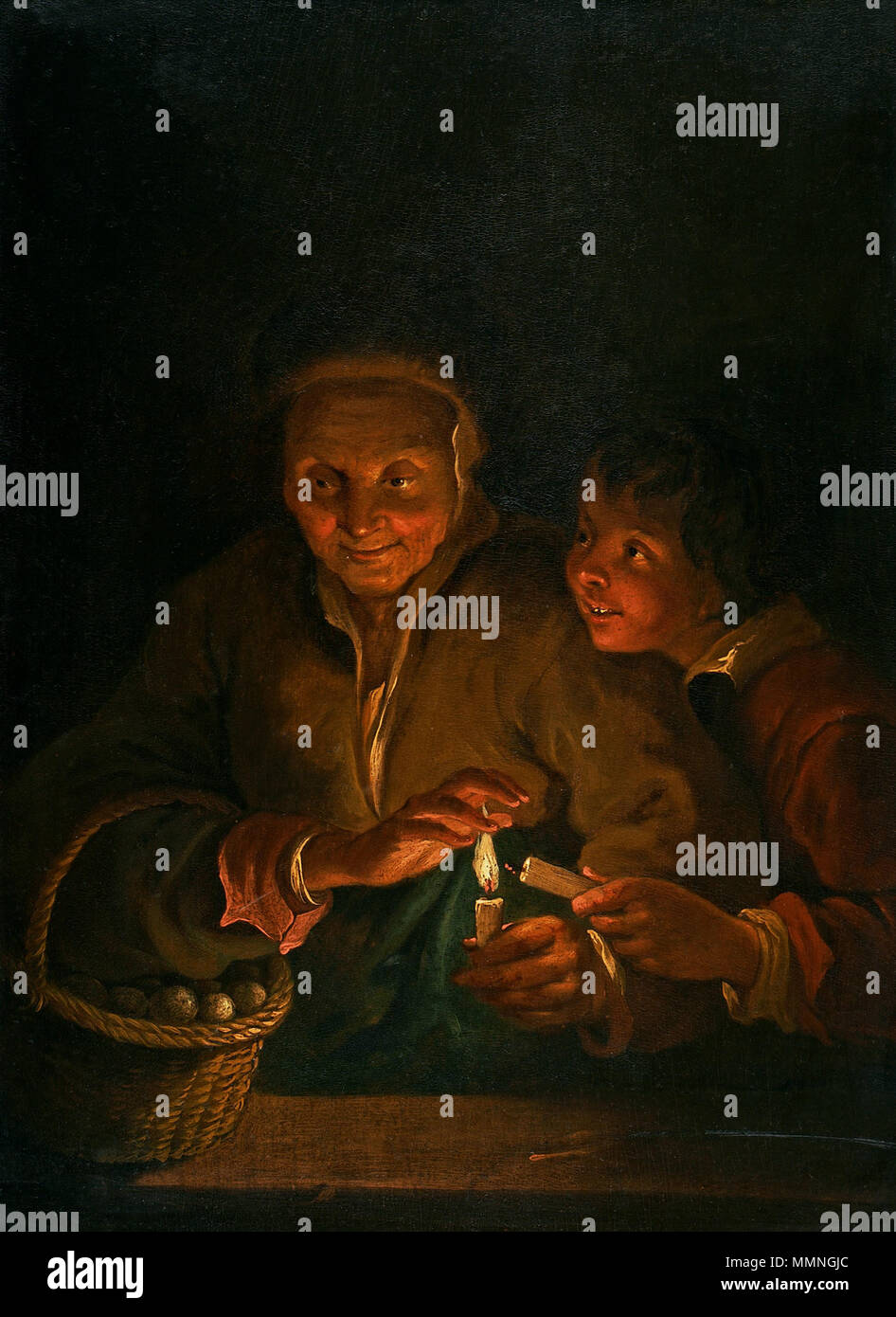 Vecchia donna e ragazzo con candele.. quarto trimestre del xvii secolo. Schalcken vecchia donna e ragazzo con candele Foto Stock
