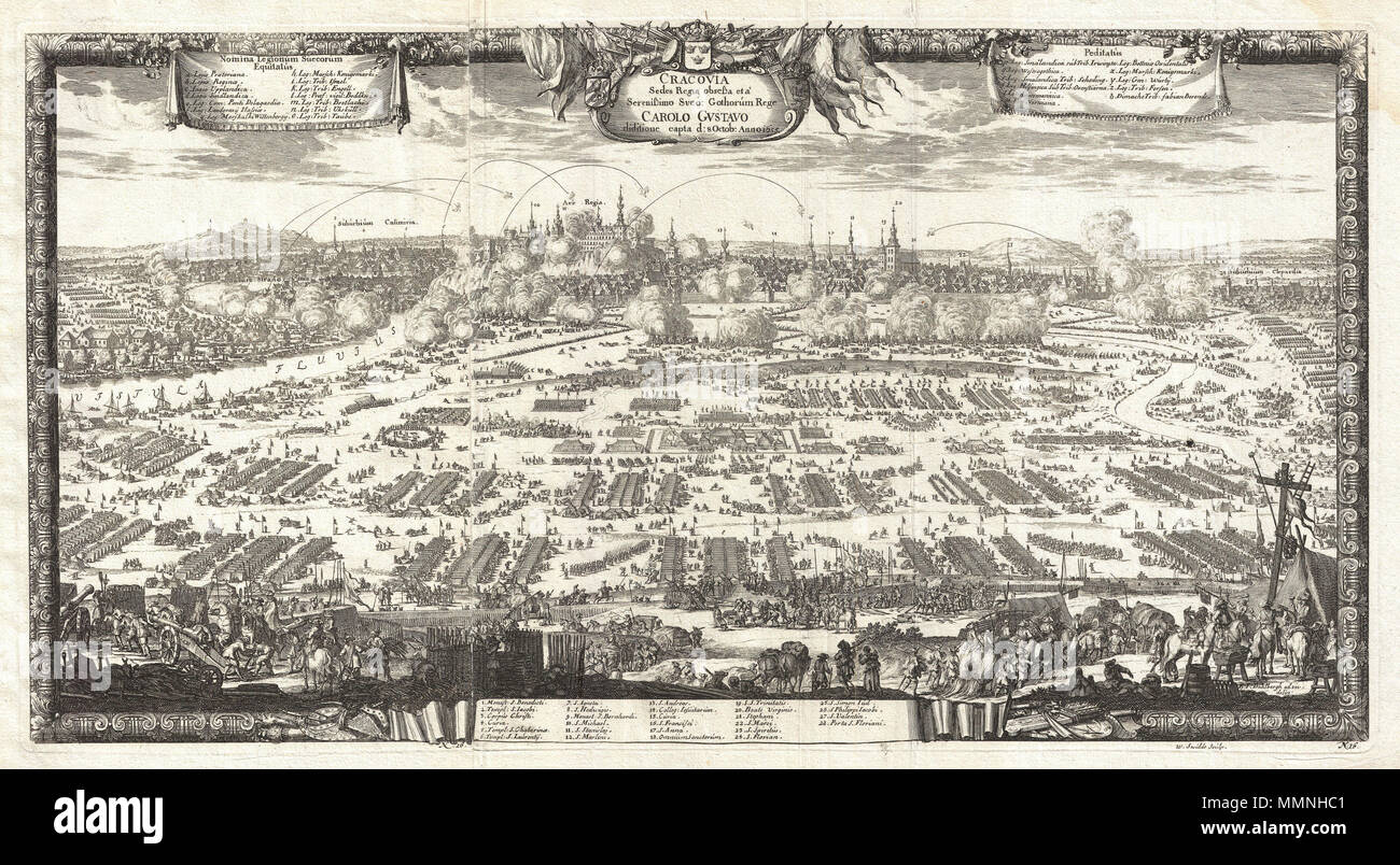 . Inglese: si tratta di una rara 1697 vista di Kracow (Cracovia), Polonia da lo studioso tedesco Samuel Pufendorf. Rappresenta la città di Cracovia in un momento cruciale della storia come resiste il 1655 assedio dei tentativi per il re svedese Carl Gustav X. Cracovia appare in lontananza circondato dall'si accamparono esercito svedese. Ventotto notevoli edifici, alcuni dei quali sono stati distrutti in questo assedio, sono identificati e a cui si fa riferimento in un indice alla base della mappa. Questo importante assedio era parte della seconda Guerra del Nord o il Diluvio svedese come è noto in Polonia, una campagna militare che coinvolge la Polonia, Russi Foto Stock
