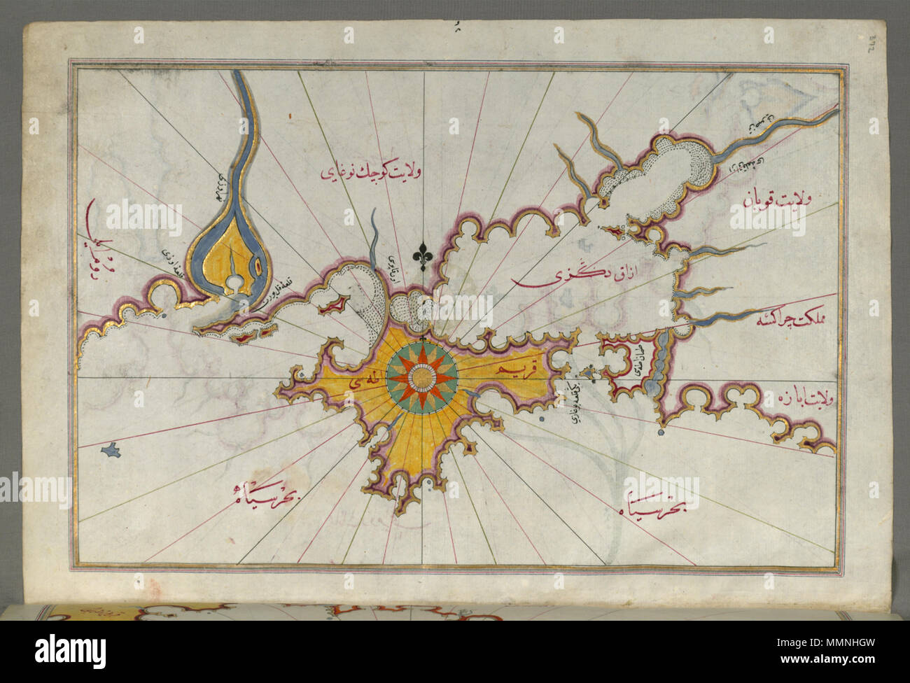 W.658.372un Piri Reis (Turco, 1465-1555). "Foglia dal libro sulla navigazione,' XVII - XVIII secolo. inchiostro, vernice e oro su carta. Walters Art Museum (W.658.372A): acquistato da Henry Walters. Piri Reis - Mappa della Crimea, il Mare di Azov, e la bocca del Dniepr - Walters W658372A - Pagina completa Foto Stock