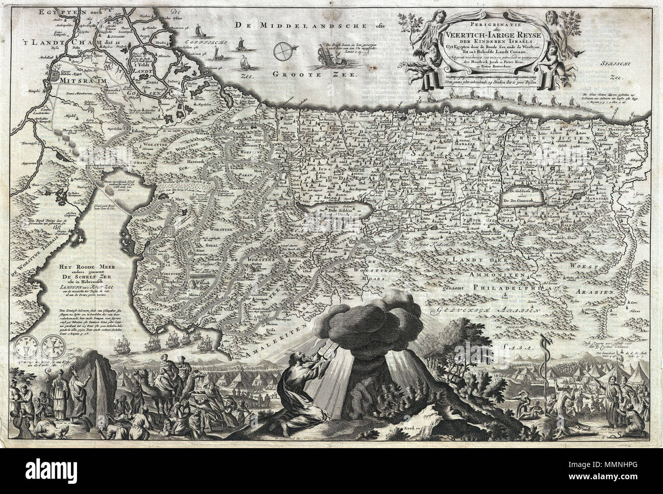 . "L'inglese: Un assolutamente incredibile 1702 ', di Israele o della Palestina - da N. Visscher e D. Stoopendaal. Questa mappa, da Keur importante Bibbia olandese del 1702, è orientata a ovest e coperchi dal delta del Nilo e il Cairo, Memphis, Egitto, attraverso il Mar Rosso e lungo la Costa mediterranea fino a nord di Sidone e pneumatico (Libano), e inoltre la navigazione, Palmyra. Cartographically questa mappa saluta da Nicholas Visscher mappa di 1650, ma non presentano alcune modifiche compreso completamente rivisto le immagini di attualità nei quadranti inferiori. Come Visscher la mappa, la nostra mappa biblica mostra il corso della Foto Stock