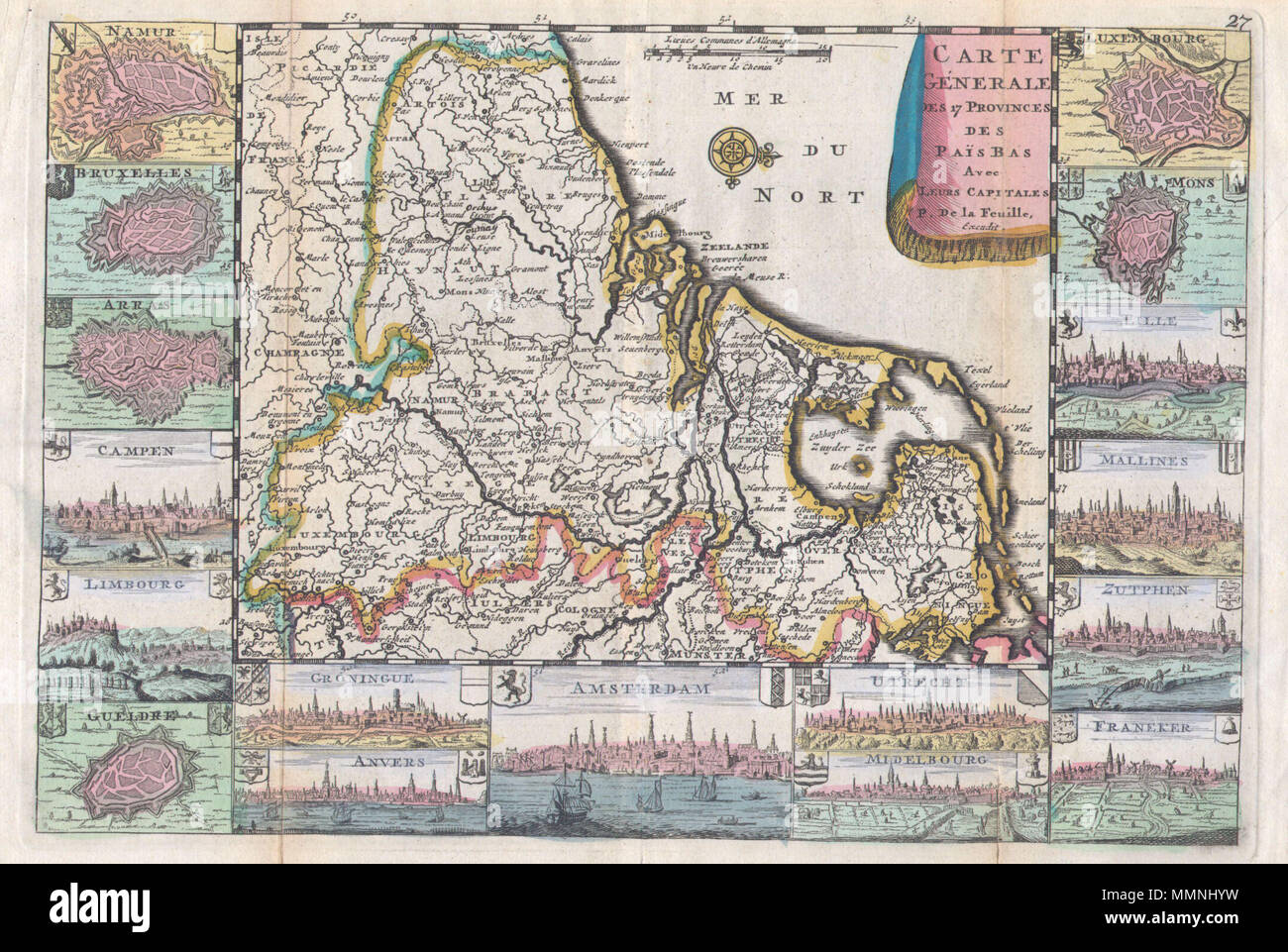 Inglese: molto scarse, c. 1710, mappa del Belgio, dei Paesi Bassi e del  Lussemburgo da Daniel de la"feuille. La mappa principale è circondato da  diciassette piani e vedute delle principali città