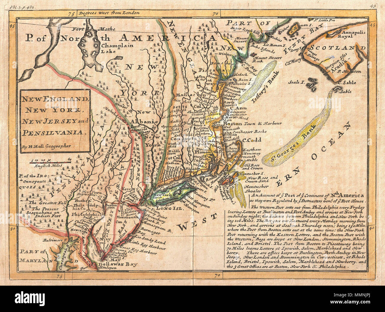 . Inglese: noto tra storico cartografica come "Post Map", questo è Herman Moll importante 1729 Mappa del New England e le colonie adiacenti. Anche se le varianti di questa mappa vengono visualizzati come presto come 1708, questo è il più importante della serie a causa del suo orientamento tematico sul New England, New York New Jersey Pennsylvania sistema postale. Ufficiale di servizio postale emerse nelle nuove colonie in Inghilterra intorno al 1639 quando il Massachusetts General giudice designato di una taverna di Boston come i repository ufficiali per la posta in arrivo o in partenza all'estero. Nel 1673 ufficiale di servizio postale tra New York e B Foto Stock