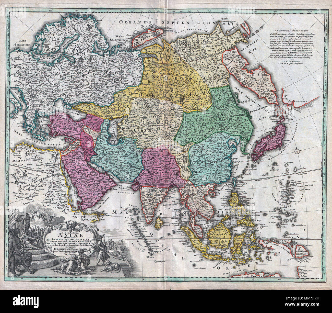 . Inglese: un raro e interessante del xviii secolo Mappa di Asia dal tedesco mappa editore Johann Christoph Homann (. Copre tutto il continente dell'Asia nonché parti di Europa e Africa nord-orientale. Si tratta essenzialmente di una versione riveduta e aggiornata di J. B. Homann (1712 della Mappa di Asia. Alcune caratteristiche interessanti e importanti aggiornamenti. Più in particolare abbiamo Vedere Aggiunta della penisola di Kamchatka in alto a destra del quadrante. La parte inferiore della penisola è etichettato "Kurilorum Regio", senza dubbio un inizio di riferimento per le isole Curili. Mentre Hokkaido non è presente, il Giappone stesso è separata dal Foto Stock