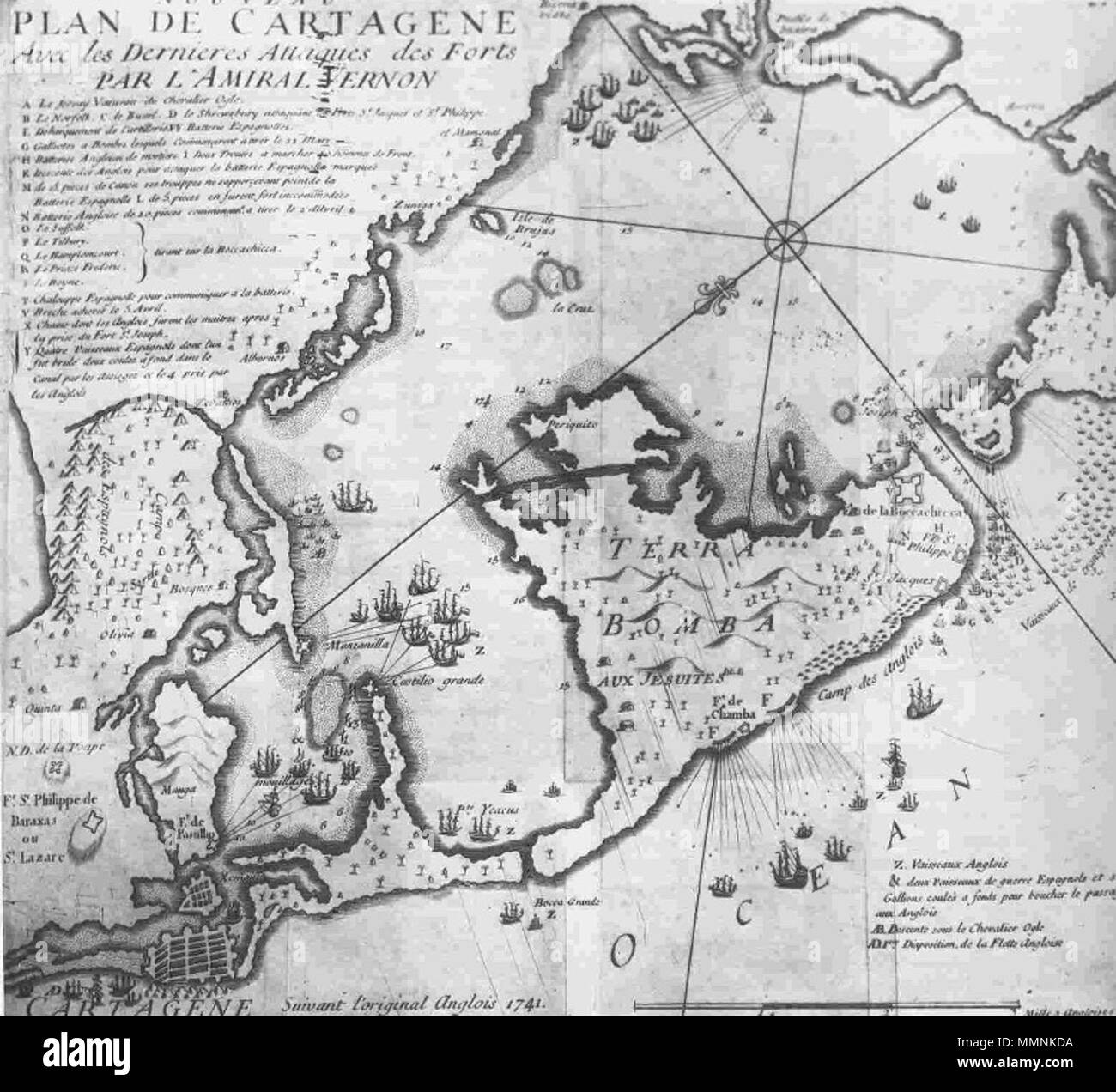 . Español: Mapa de los ataques de Vernon a Cartagena de Indias . 1741. Cartógrafos ingleses. Este es una copia por franceses 1741 ataque cartagena2 Foto Stock