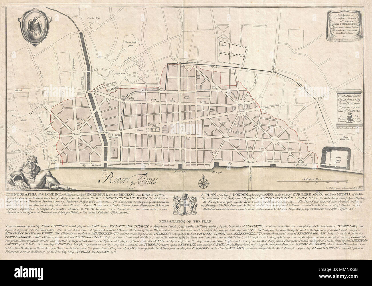 . Inglese: Un estremamente scarsa 1744 mappa di Londra che mostra Sir Christopher Wren's piano per la ricostruzione della città dopo il 1666 Grande Incendio di Londra. Nel 1666 il grande incendio spazzato attraverso la vecchia romana di porzioni di Londra, la posa di rifiuti per la maggior parte delle città murata. Christopher Wren, un ben noto architetto del periodo è stato veloce a rispondere al disastro come un opportunità per ripensare radicalmente e ammodernamento della Londra centro. Wren avente stati istruiti a Parigi previsto un elaborato classicamente influenzato la ricostruzione della città con ampi viali riuniti in una serie di piazze Foto Stock