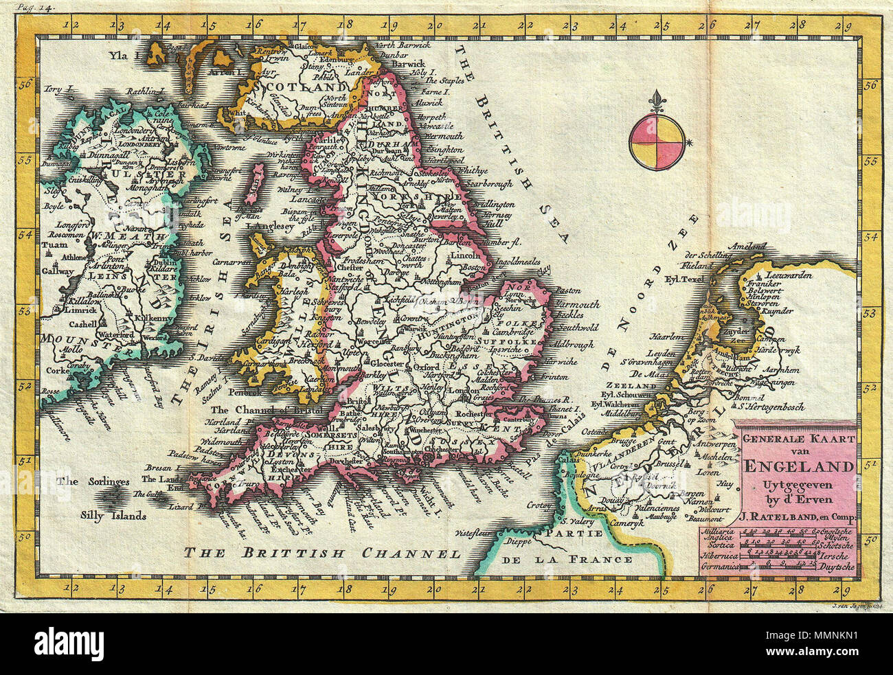 . Inglese: una splendida mappa di Inghilterra prima disegnato da Daniel de la"feuille nel 1706. Rappresenta la totalità dell'Inghilterra con parti di Irlanda, Scozia e Paesi Bassi. Lingua olandese il titolo nel quadrante inferiore destro. Si tratta di Paolo de la"feuille's 1747 riemissione di suo padre Daniel's 1706 mappa. Il De La"feuille nome è stato rimosso dalla mappa e sostituito con Ratelband's. Nota nel quadrante in basso a destra date questa incisione per 1734 e gli attributi di J. van Jagen, un eminente incisore olandese. Essa è stata più probabile Jagen che ri-incisa e aggiornato De La"feuille la mappa per Ratelband dell'istruzione. Foto Stock