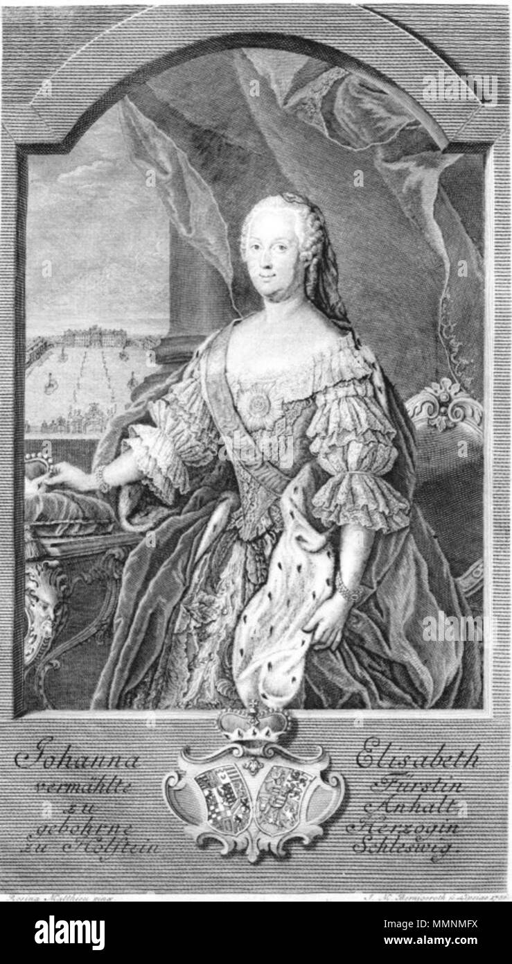 . Ritratto di Johanna Elisabeth von Anhalt-Zerbst (1712-1760)} Deutsch: Johanna Elisabeth von Anhalt-Zerbst, Kupferstich von Johann Martin Bernigeroth, Lipsia 1756 (segno. und dat. unten rechts) nach einem Gemälde von Anna Rosina Matthieu, geb. Lisiewska. Die Fürstin, die hier mit Witwenschleier dargestellt ist, trägt das rote Band den russischen San Katharinenorden, welcher ihr 1745 von der Zarin Elisabeth Petrowna verliehen wurde. Im Hintergrund ist Schloss Dornburg dargestellt, unten ein Allianzwappen Anhalt-Zerbst und Holstein-Gottorf. . 1756. Johanna Elisabeth di Holstein-Gottorp (engrav Foto Stock