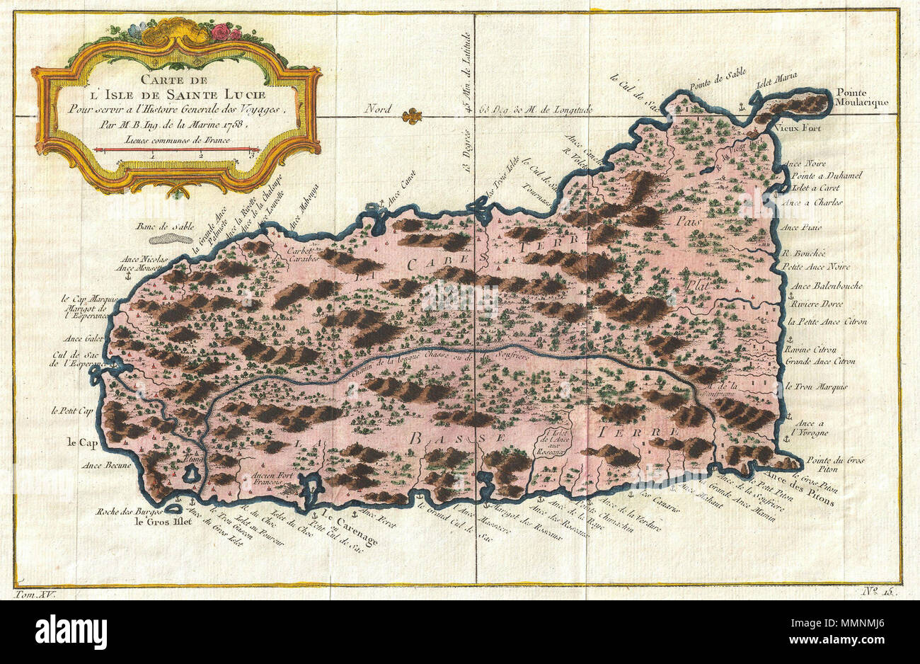 . Inglese: estremamente interessante esempio di Bellin raro 1758 mappa di Saint Lucia (St. Lucia) o Sainte Lucie in Indie ad ovest. Santa Lucia è considerato uno dei più belli delle isole Sopravvento. Questa cartina copre questa spettacolare isola dei Caraibi in notevole dettaglio mostra montagne, città e foreste in Bellin il profilo distintivo stile. Buona porti sono contrassegnati con ancore in miniatura. Una decorazione in stile rococò titolo cartiglio viene visualizzato nel quadrante superiore sinistro. Elaborato nel 1758 dal Jacques-Nicolas Bellin per la pubblicazione in prevosto di c. 1760 edizione dell'Histoire Generale d Foto Stock