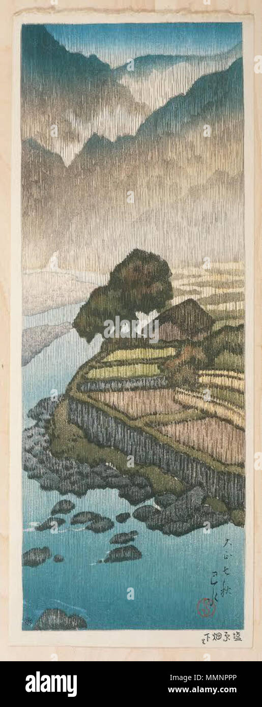 . ??Ѵ??ެ?: ???????ă???????????????????????+ Inglese: Farm in discesa Shiobara, colore xilografia su carta Shiobara Hatakudari da Kawase Hasui Foto Stock