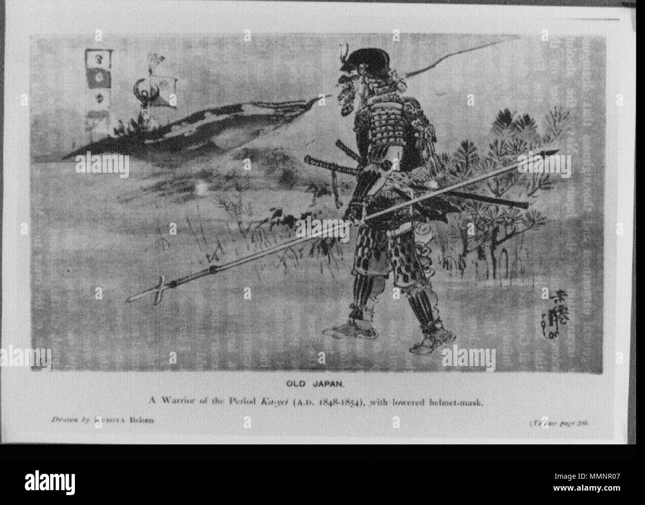 . ??Ѵ??ެ?: ????????ѵ???+???뵦?????+??+?1848???1854?+??????????????????????բ?????????????????????? Inglese: antico Giappone. Un Guerriero del periodo Ka-yei (A.D. 1848-1854), con casco abbassata-maschera. . 1899. Kubota Beisen - Il nuovo Estremo Oriente (1899) 08 Foto Stock