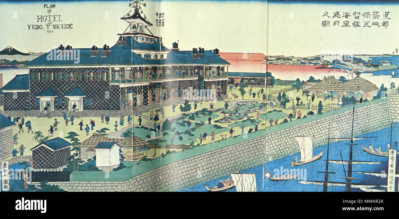 . Inglese: Ukiyo-e woodblock Print by Utagawa Kuniteru II, raffigurante il Tsukiji Hotel, costruito a Tokyo nel 1868. ??Ѵ??ެ?: ????ئ??????գ????????????? ???Զ?զ???????????????????գ???????????????Ƶ???????????????????ǵ?????????+ش+?2?+??????????????+ش+??????? Toto Tsukiji Hotel Kan no Zu Foto Stock