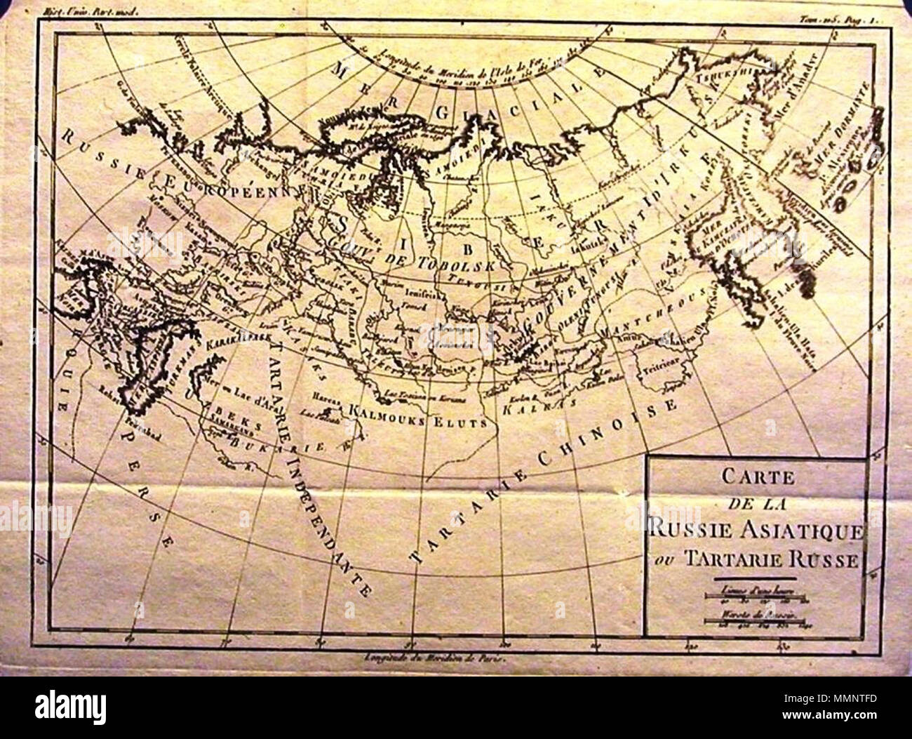 . Français : Carte de Louis Brion de la Tour, décrivant la russie asiatique alors également nommée Tartarie russe ou aujourd'hui, Sibérie. La tecnica utilisée est de la gravure sur cuivre. Cette carte est publiée dans : Histoire Universelle depuis le inizio du monde jusqu'à présent livre 65 - L'Histoire de Russe jusqu'à la mort d'Alessio Michaelowitz en 1676. Il est édité à Paris chez Moutard. Inglese: mappa da Louis Brion de la Tour, raffigurante la Russia asiatica, quindi anche chiamato Tartary Russo e ora Siberia. Questa è una incisione su rame, pubblicato nel "Histoire Universelle depuis le commen Foto Stock