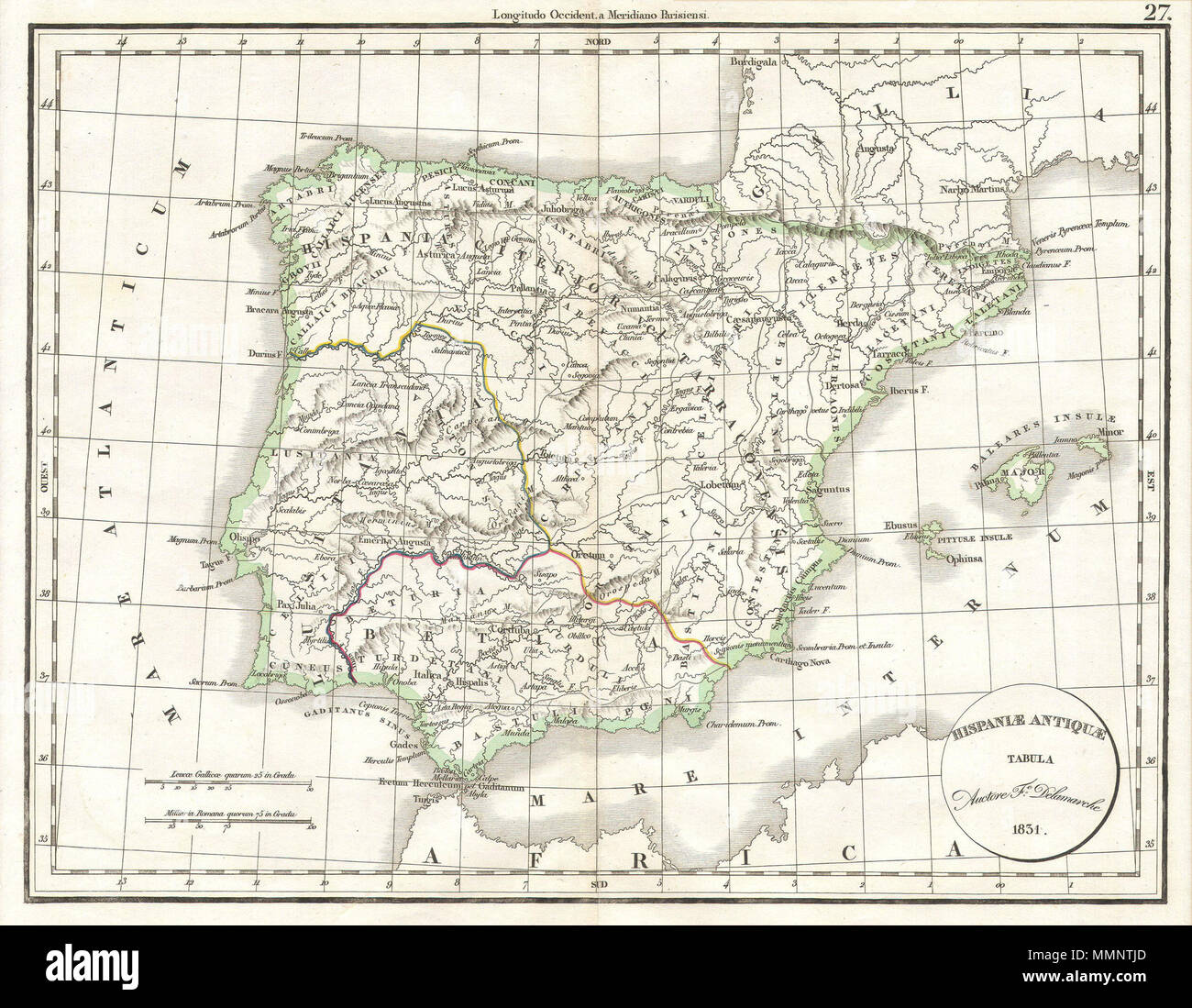 . Inglese: questa colorata a mano mappa è una piastra di rame incisione, risalente al 1832 dal ben noto cartografo francese Delamarche. Si tratta di una rappresentazione della Spagna e del Portogallo sotto l'impero romano. Delamarche la mappa della Spagna e del Portogallo sotto l'impero romano. 1832. 7 1832 Delamarche Mappa della Spagna e del Portogallo sotto l'impero romano - Geographicus - Spagna2-D-32 Foto Stock