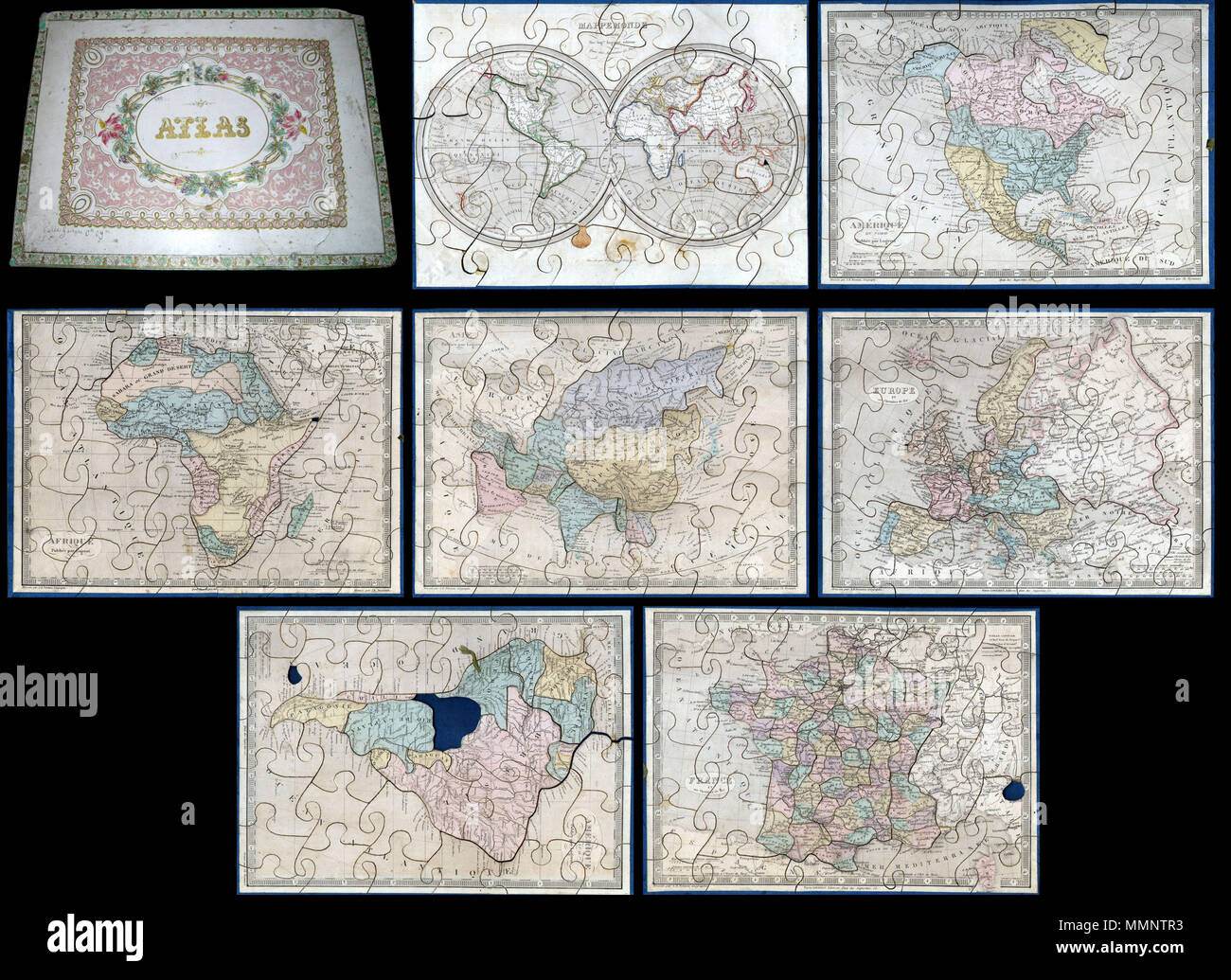 . Inglese: molto attraente un insolito c. 1850 puzzle Atlante pubblicato da Auguste Logerot. È costituita una casella personalizzata di sette interessante puzzle mappe: il mondo, Nord America, Sud America, Europa, Asia, Africa e Francia. Ogni mappa è montato su una scheda e sezionato come in un puzzle. Gli stati e le regioni sono singolarmente sezionati lungo i loro confini mentre gli oceani sono sezionati in più tradizionali di Jigsaw Puzzle patterns. Singolarmente le mappe sono basate su Dyonnet incisioni del per A. R. Fremin la geografia. La North American mappa è probabilmente il più interessante mostrare Mexic Foto Stock