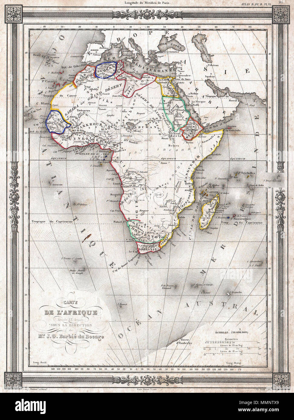 . Inglese: un raro ed estremamente accattivante 1852 Mappa di Africa da J. G. Barbie du Bocage. Mostra il continente africano situato in alto sulla pagina. Le etichette i regni costiera e colonie comprese Zanzibar, Biafra, Senegabia, Algeria, Maroco, Abissinia, la Nubia, la colonia del Capo e in Egitto. Denota anche varie regioni tribali comprese le terre del ottentotti, Bambara, il Behrs e altri. La maggior parte dell'Africa centrale è semplicemente denominata "Pays Inconnu". Parte del continente antartico è mostrato come Terre d'Enderby, riferendosi al Enderby fratelli che possedeva la nave Tula che, capitanata da Jo Foto Stock