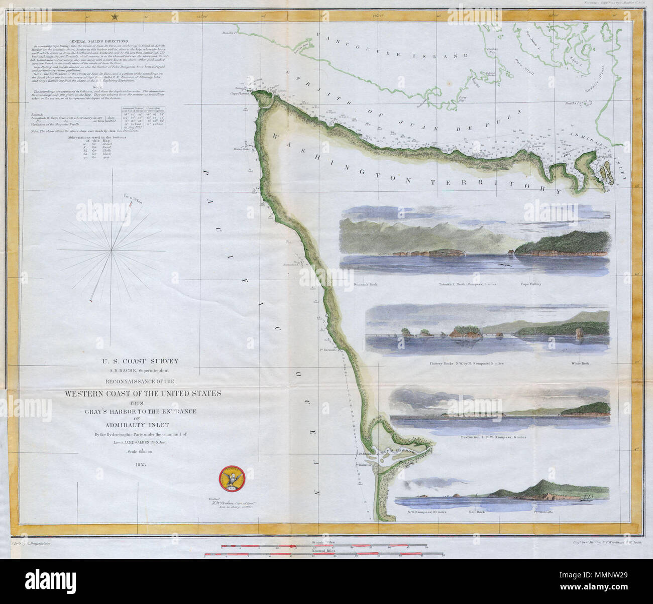 . Inglese: offerto è un U.S. Sondaggio sulla costa la mappa o il grafico della parte nord ovest dello Stato di Washington e infatti la northwestern punto la maggior parte degli Stati Uniti. Si estende da Vancouver Island nel nord, attraverso lo Stretto di Juan de Fuca, sud come lontano come grigio del porto. Dispone di quattro attraenti vedute costiere: Roccia Vela, distruzione Isola, lusinghe rocce e Tatoosh isola. Numerose note nautico e gli scandagli di profondità domina il lato sinistro della mappa. Oggi questa regione è parte dell'American Indian Makah prenotazione e il punto più settentrionale della Costa Olympic National Marine Sanctu Foto Stock