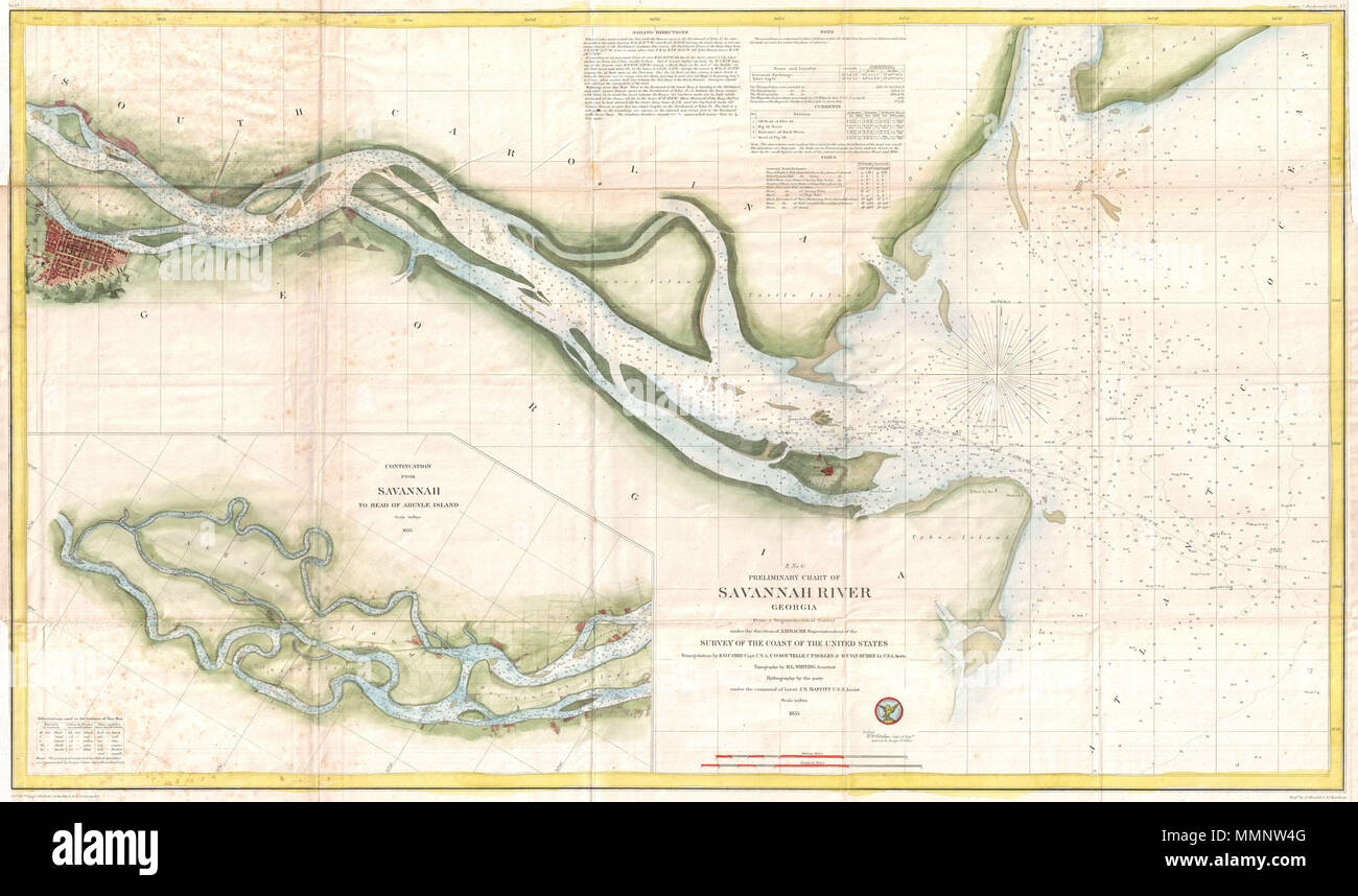 . Inglese: questo è molto interessante esempio di 1855 U.S. Sondaggio sulla costa di una carta nautica o una mappa del Fiume Savannah, Georgia. Centrato su Jones isola, questa mappa si estende dal fiume la bocca a Tybee e tartarughe terrestri delle isole per quanto riguarda la città di Savannah, che di per sé è disegnato in notevole dettaglio. Questo grafico note Fort Pulaski presso la foce del fiume nonché il Fort Jackson e l'Unione Causeway. La città di Savannah è di per sé resi magnificamente con la sua caratteristica struttura a griglia e anche importanti palazzi e parchi chiaramente in evidenza. Parte inferiore sinistra del quadrante presenta un Foto Stock