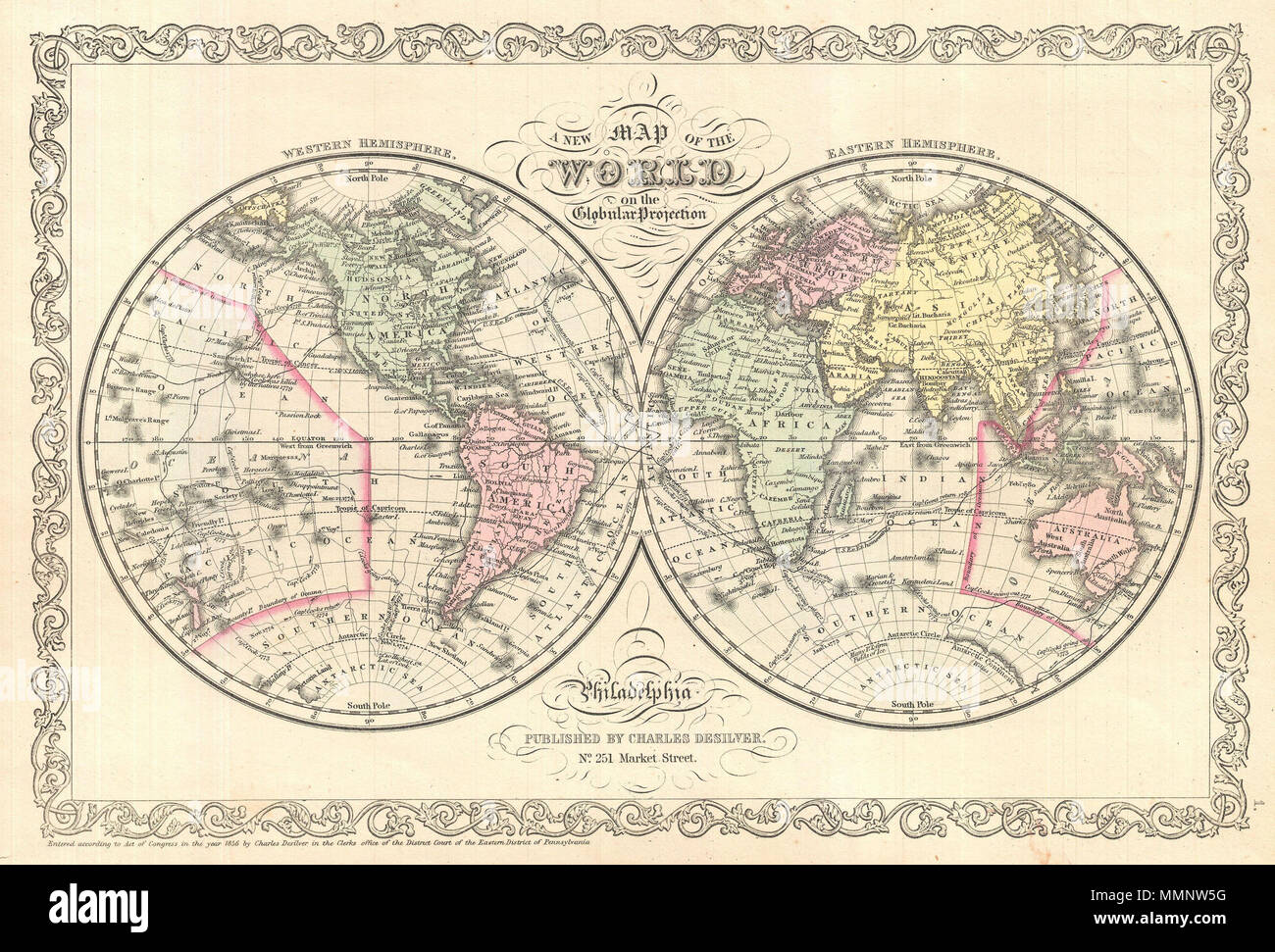 . Inglese: un raffinato esempio di Charles Desilver's 1856 emisfero doppia mappa del mondo. Copre il mondo intero con codifica dei colori secondo i continenti. La mappa mostra le recenti scoperte in Antartide come pure i percorsi dei vari esploratori di spicco tra cui Cook, Gore, e gli Stati Uniti Esplorare la spedizione. Desilver ha iniziato il rilascio di questa mappa nel 1856 quando ha acquisito S. A. Mitchell's copyright e le lastre di stampa. Desilver's cambia a Mitchell's piastre sono in gran parte limitata alla sua aggiunta della griglia confine visto qui. Tuttavia la differenza più significativa tra le due publisher Foto Stock