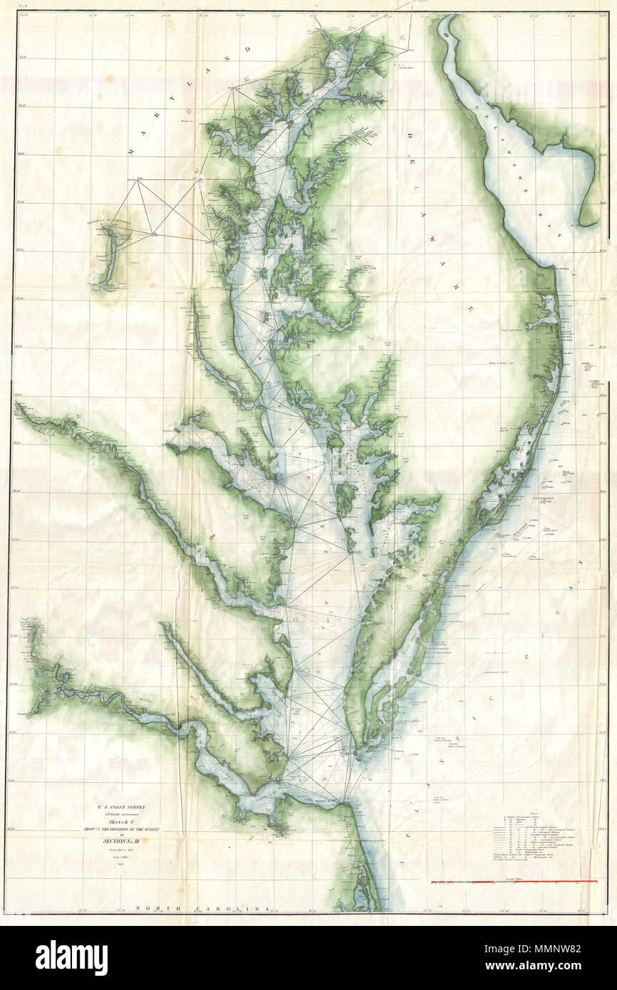 . Inglese: questo è un esempio eccezionale di 1859 U.S. Costa del sondaggio progresso grafico della Chesapeake Bay. La mappa copre dalla bocca del fiume Susquehanna verso sud fino a Capo Henry e Norfolk. Questa tabella include sia la baia di Chesapeake e baia del Delaware in pieno, come pure le piccole porzioni del Fiume Potomac, Rappahannock River, York River, James River, fiume Patapsco e Patuxent River. Washington D.C., Cape May, Charleston, Baltimore, Annapolis, Chestertown, Easton, Cambridge e Norfolk, sono identificati. Punti di triangolazione sono noti in tutta la regione come pure tutti i Foto Stock