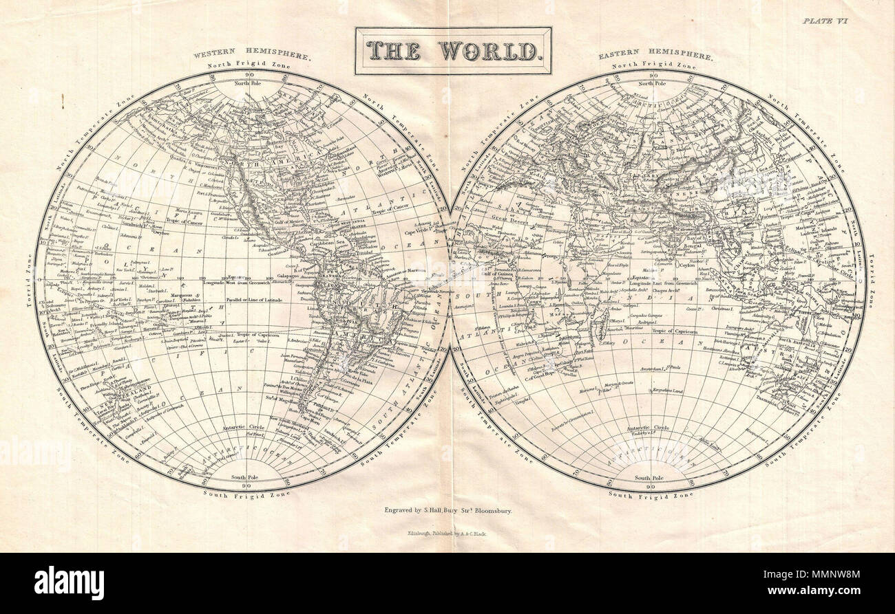 . Inglese: un minuzioso mis del XIX secolo la mappa del mondo in emisferi diviso in l'Emisfero Occidentale e Emisfero Orientale, questa mappa mostra le etichette e le isole, continenti, le città principali, gli oceani, mantelli, golfi e montagne. Mostra anche latitudinali e longitudinali di gradi e temperate, frigida, e zone di torrent. Incisi da S. Hall e pubblicato da Adam e Charles nero. Il mondo. 1800(senza data). 9 1860 Nero Mappa del Mondo - Geographicus - TheWorld-nero-1860 Foto Stock