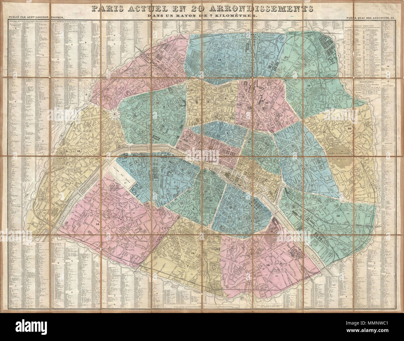 . Inglese: un incredibilmente mappa di piegatura di Parigi, Francia, risalente al 1867. Logerot ha richiamato questa mappa per illustrare a Napoleone III e Georges-Eugène Haussmann del rivoluzionario ammodernamento di Parigi. Mostra il ripartizionamento 1860 dell'arrondissement sistema in 20 zone distinte come pure Haussmann le ampie reti di strade e vie di comunicazione. Elegante altamente incisione dettagliate rivela importanti edifici, parchi, strade e fortificazioni. Dissezionati e montato sulla biancheria in 32 pannelli per un facile ripiegamento e dispiegamento. Pubblicato da Il A. Logerot. Parigi attuale en 20 circondari dan onu rayon de 7 kil Foto Stock