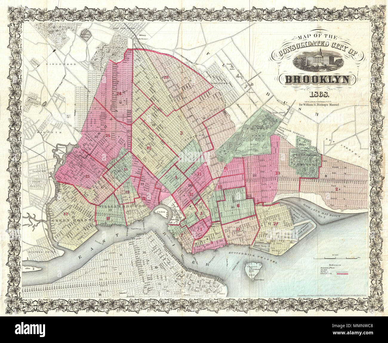 . Inglese: estremamente rara prima edizione di William Bishop's 1868 pocket mappa della città di Brooklyn, New York. Nella metà del XIX secolo, alimentato dall'avvento del vapore del traghetto, che ha effettuato attraversando la East River pratico, Kings County ha conosciuto un enorme popolazione burst. Ricchi e poveri sono stati rapidi ad abbandonare la sporca e claustrofobica Manhattan per poi terre suburbane solo attraverso l'East River. Nel 1855 la comunità di Brooklyn, Greenpoint, Bushwick e Williamsburg sono state consolidate da parte dello Stato di New York in una grande città, il giorno moderno Brooklyn. Era intorno a questo periodo di tempo Foto Stock
