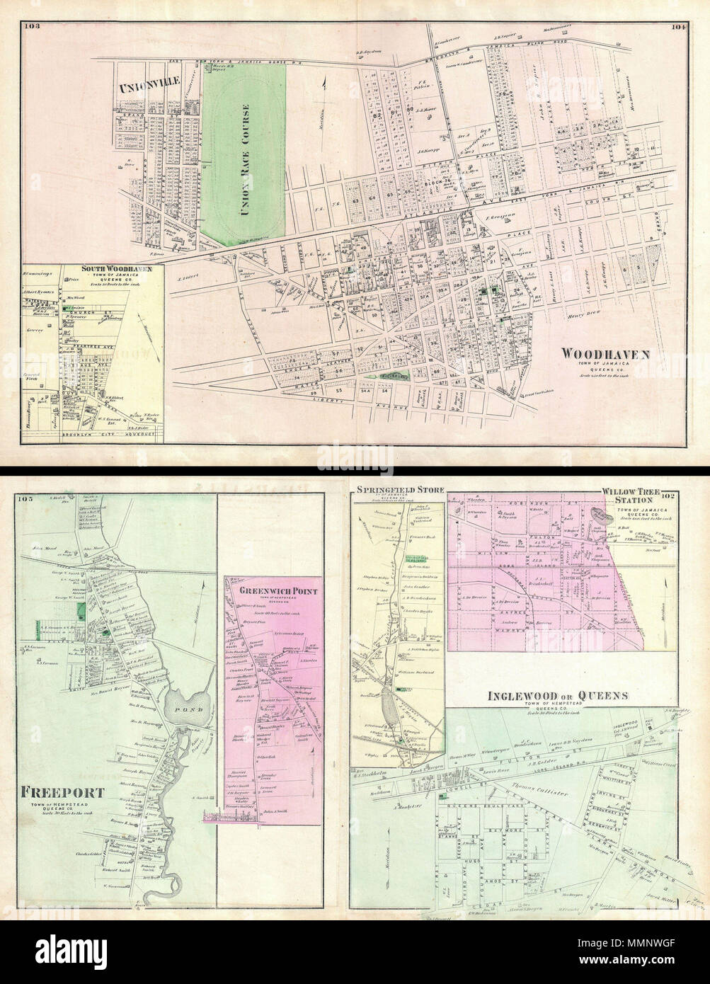 . Inglese: un esempio di scarsa di Fredrick W. birre" mappa della città di Woodhaven, Queens, a New York City. Pubblicato in 1873. Copre dal passato Unionville l'Unione Race Course lungo Atlantic Avenue a Grand street. Si estende a sud fino a Liberty Avenue e come lontano nord come la Giamaica Plank Road. In basso a sinistra del quadrante presenta un piano inset del Sud Woodhaven. Il retro offre piani di città di Freeport, Greenwich Point, Springfield Store Willow Tree e stazione di Inglewood. Dettagliata per il livello dei singoli edifici e proprietà con i proprietari dei terreni ha osservato. Questo è probabilmente il migliore atlas mappa di di Foto Stock