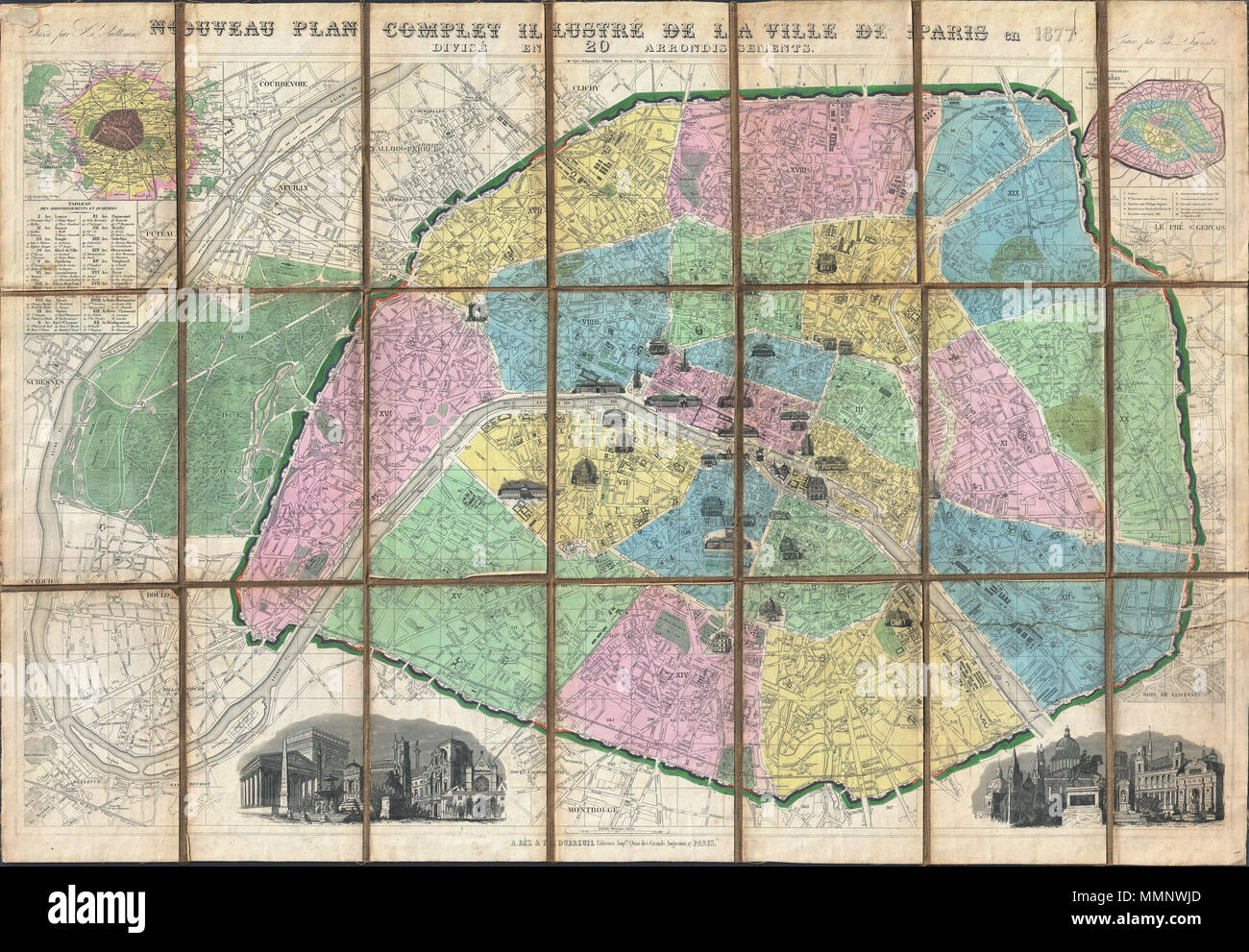 . Inglese: uno spettacolare 1877 pieghevole tascabile Mappa di Parigi, Francia dal cartografo Francese A. Vuillemin. Copre tutta la città e dintorni spettacolare in dettaglio a livello di singole strade, ponti e palazzi. Suddiviso secondo 20 Arrondisments. Importante e gli edifici storici sono mostrati come visualizzazioni. Questi includono l'Arc de Triomphe e il Palazzo Reale, la cattedrale di Notre Dame, l'Hotel des Invalides, il Pantheon, il Tour di San Jacques, e l'Hotel de Ville, tra gli altri. Una finestra Mappa nel quadrante superiore sinistro mostra la maggiore vicinanza di Parigi per quanto Versailles. Un'altra finestra Mappa, th Foto Stock